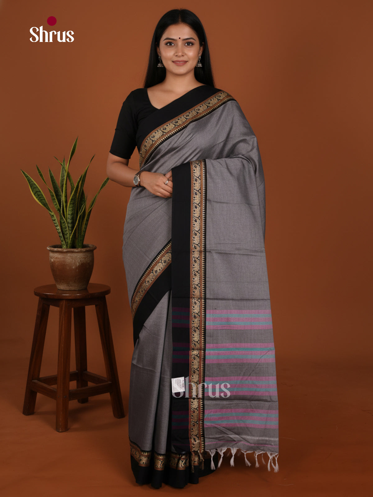 Grey & Black - Narayanpet Cotton Saree - Shop on Shrus.com
