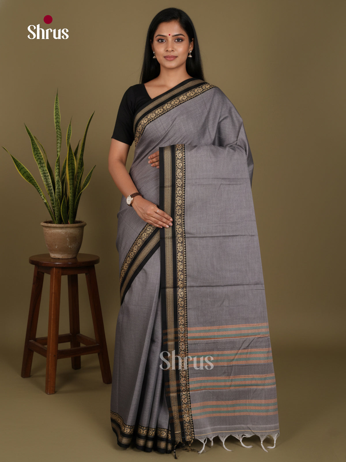 Grey & Black - Narayanpet Cotton Saree - Shop on Shrus.com