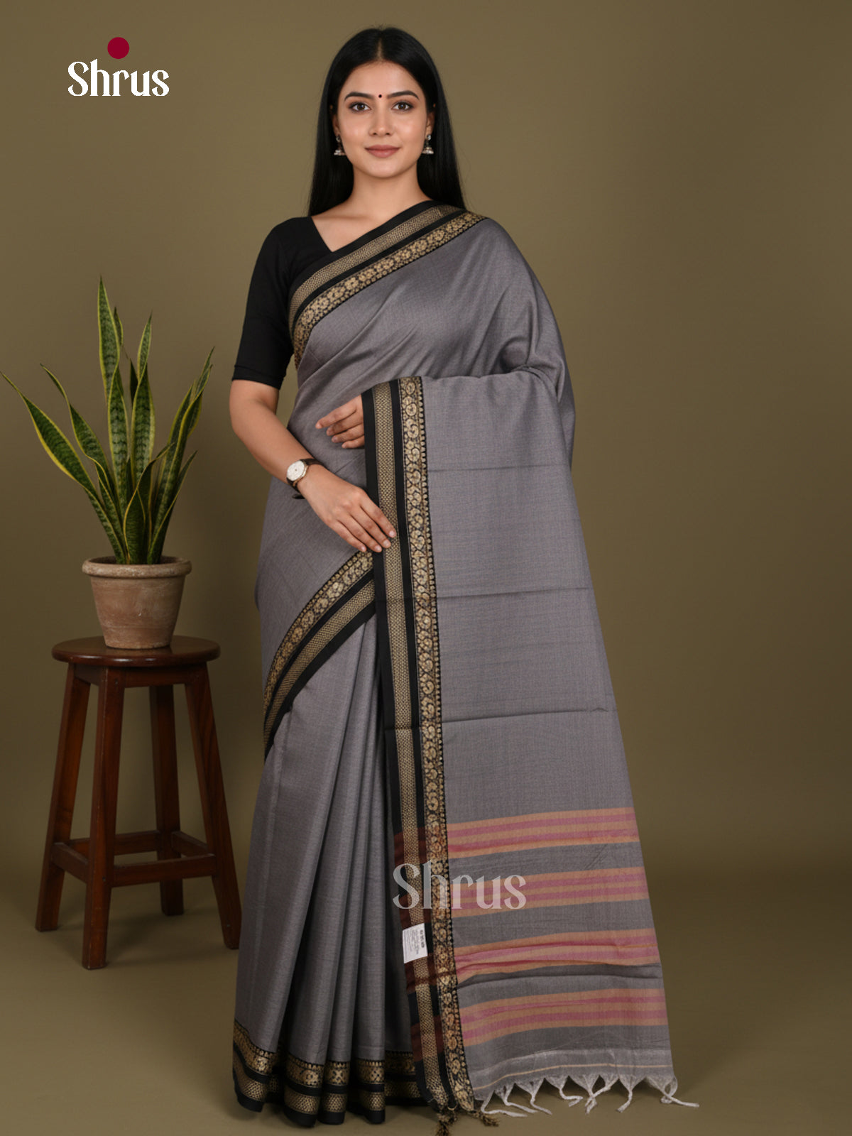 Grey & Black - Narayanpet Cotton Saree - Shop on Shrus.com