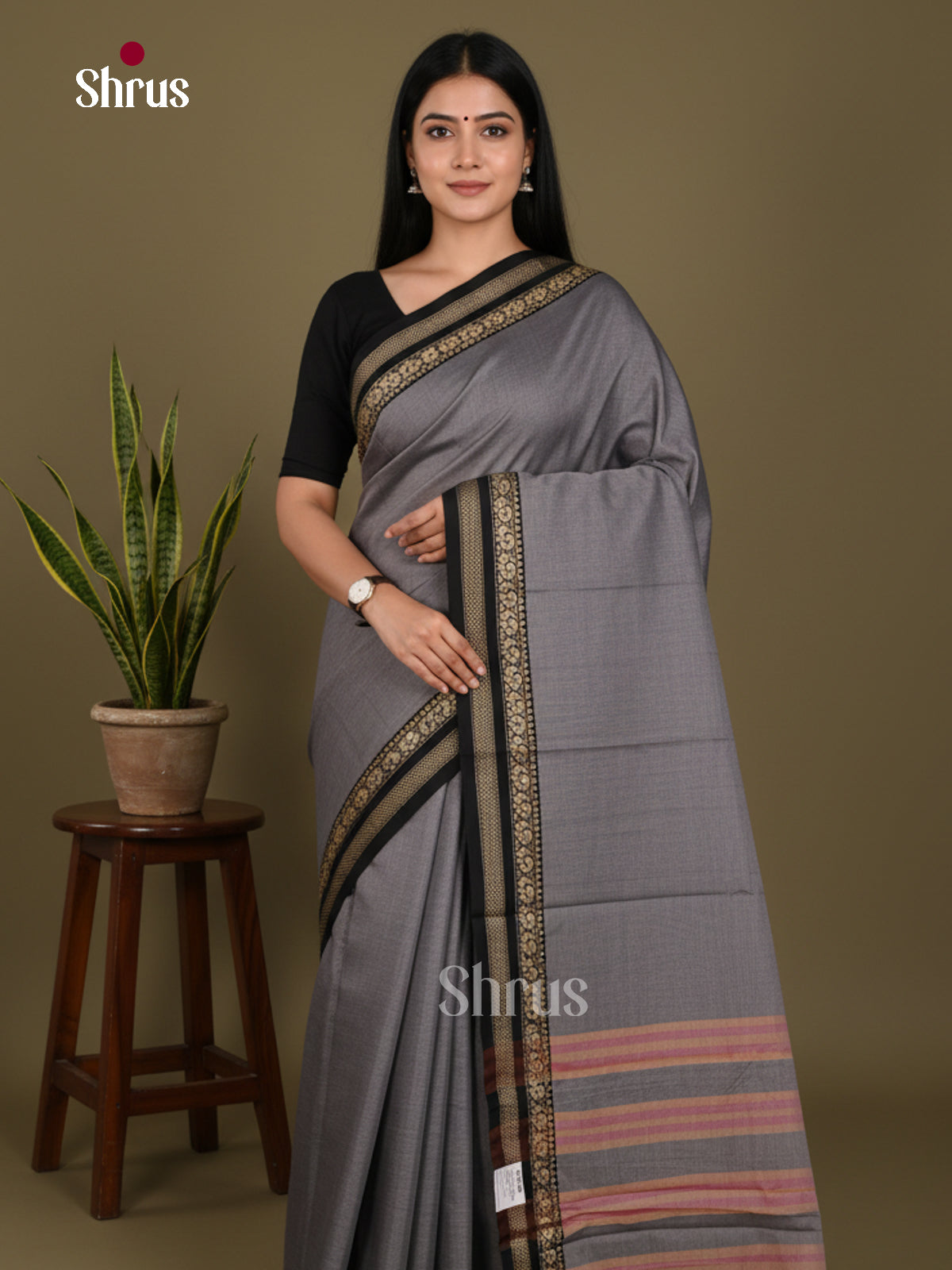 Grey & Black - Narayanpet Cotton Saree - Shop on Shrus.com