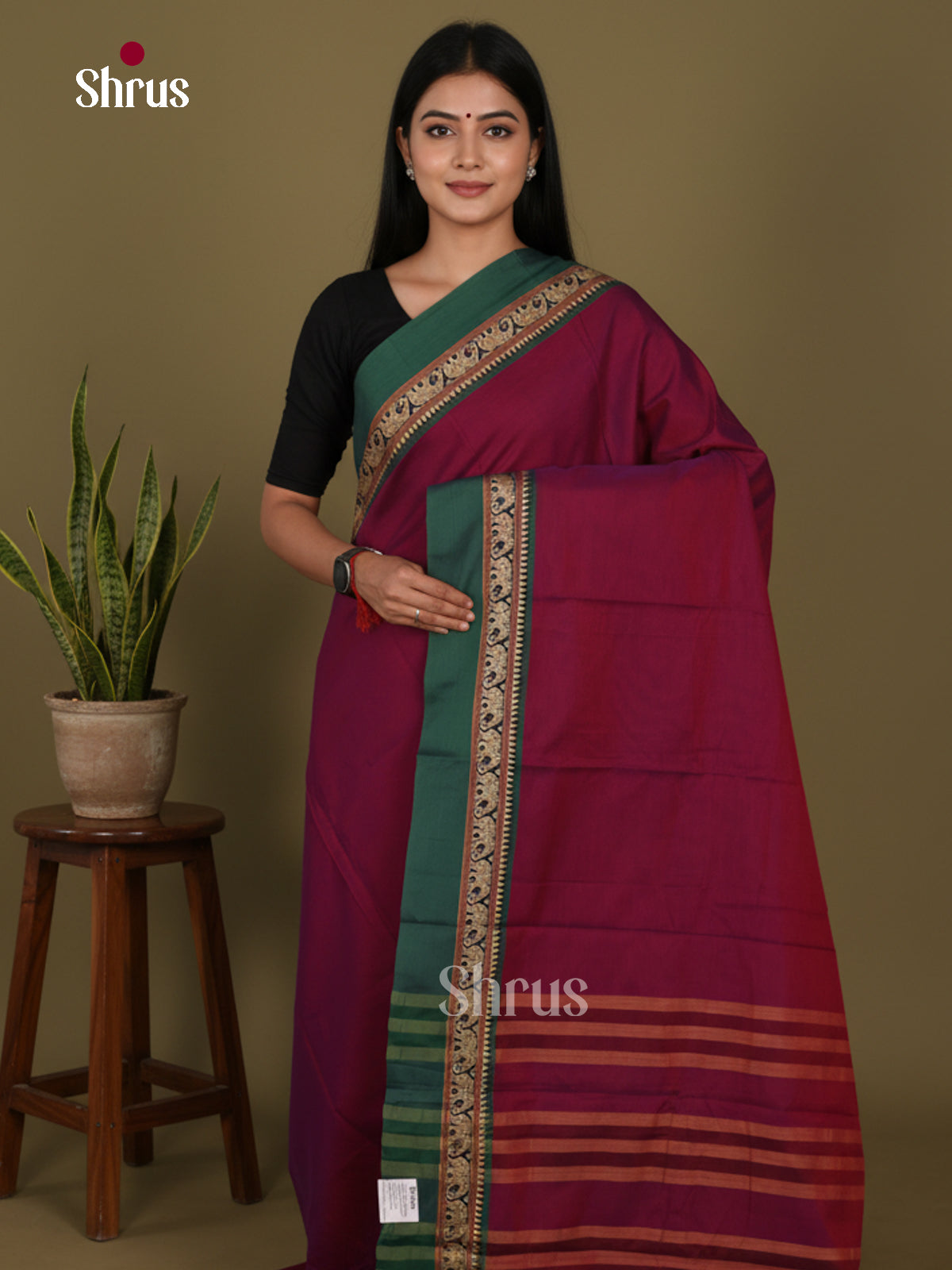 Maroon & Green - Narayanpet Cotton Saree - Shop on Shrus.com