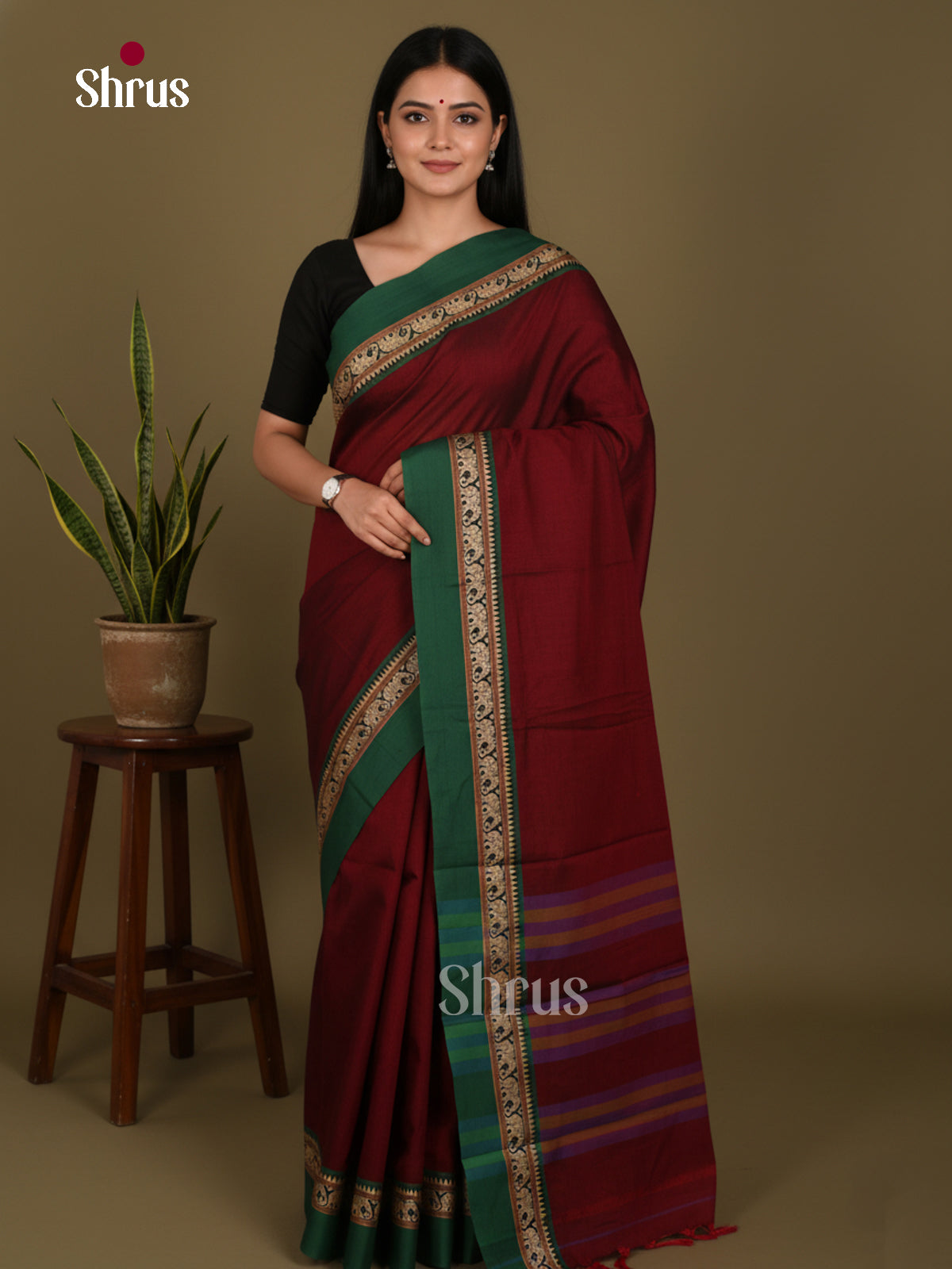 Maroon & Green - Narayanpet Cotton Saree - Shop on Shrus.com