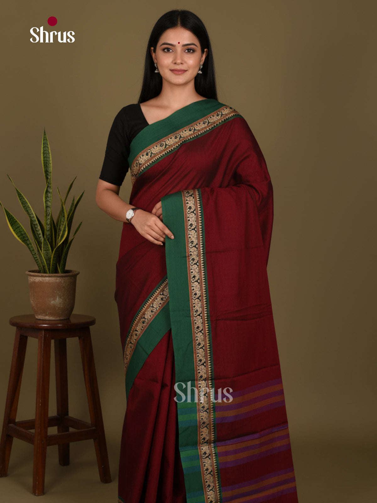 Maroon & Green - Narayanpet Cotton Saree - Shop on Shrus.com