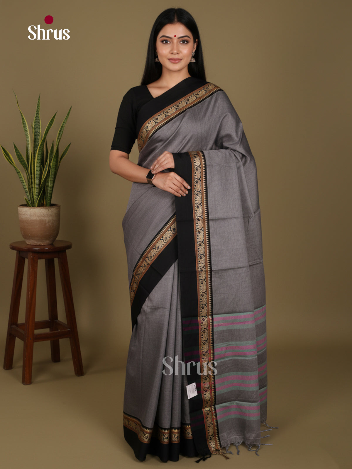 Grey & Black - Narayanpet Cotton Saree
