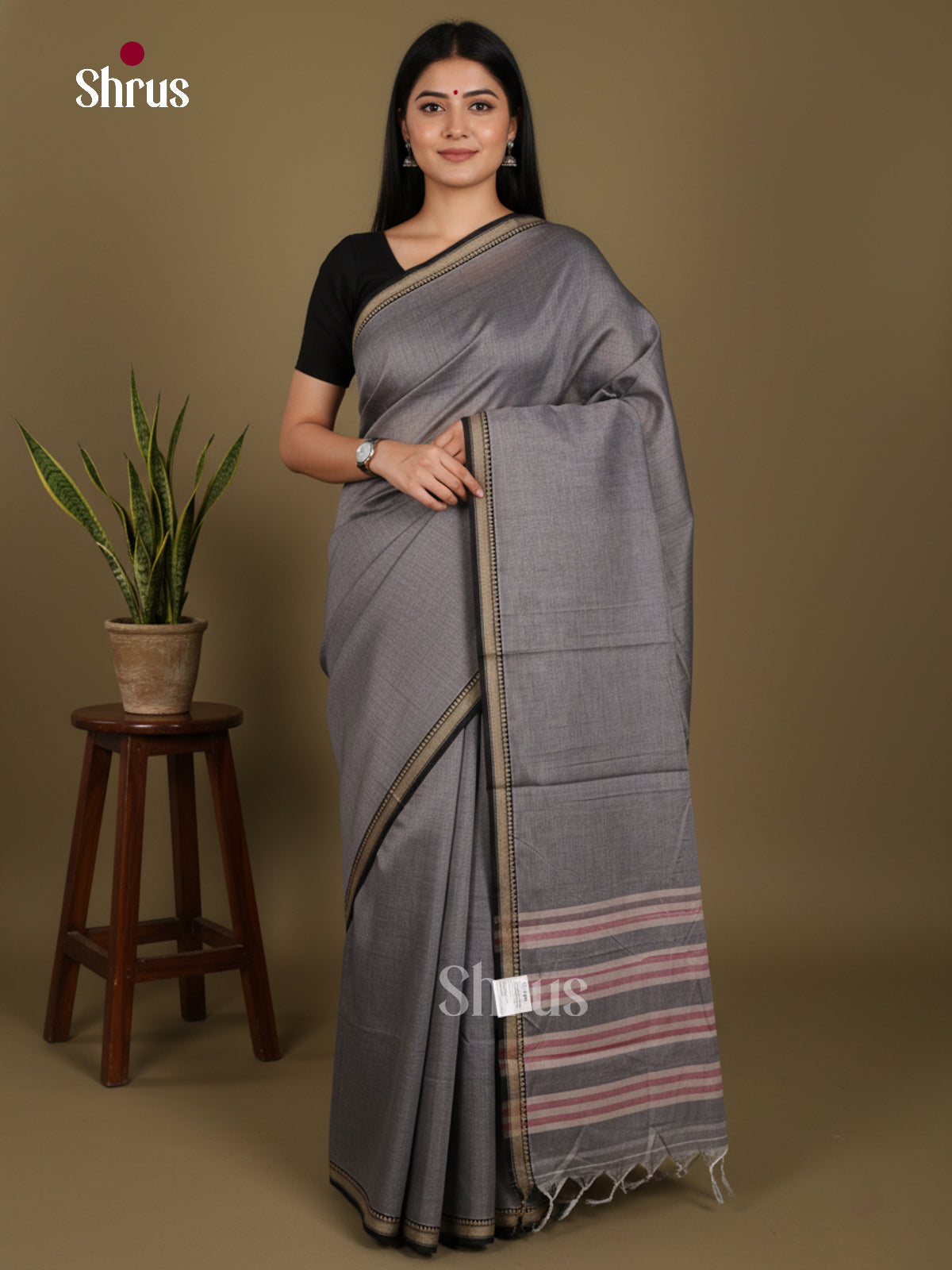 Grey & Black - Narayanpet Cotton Saree - Shop on Shrus.com