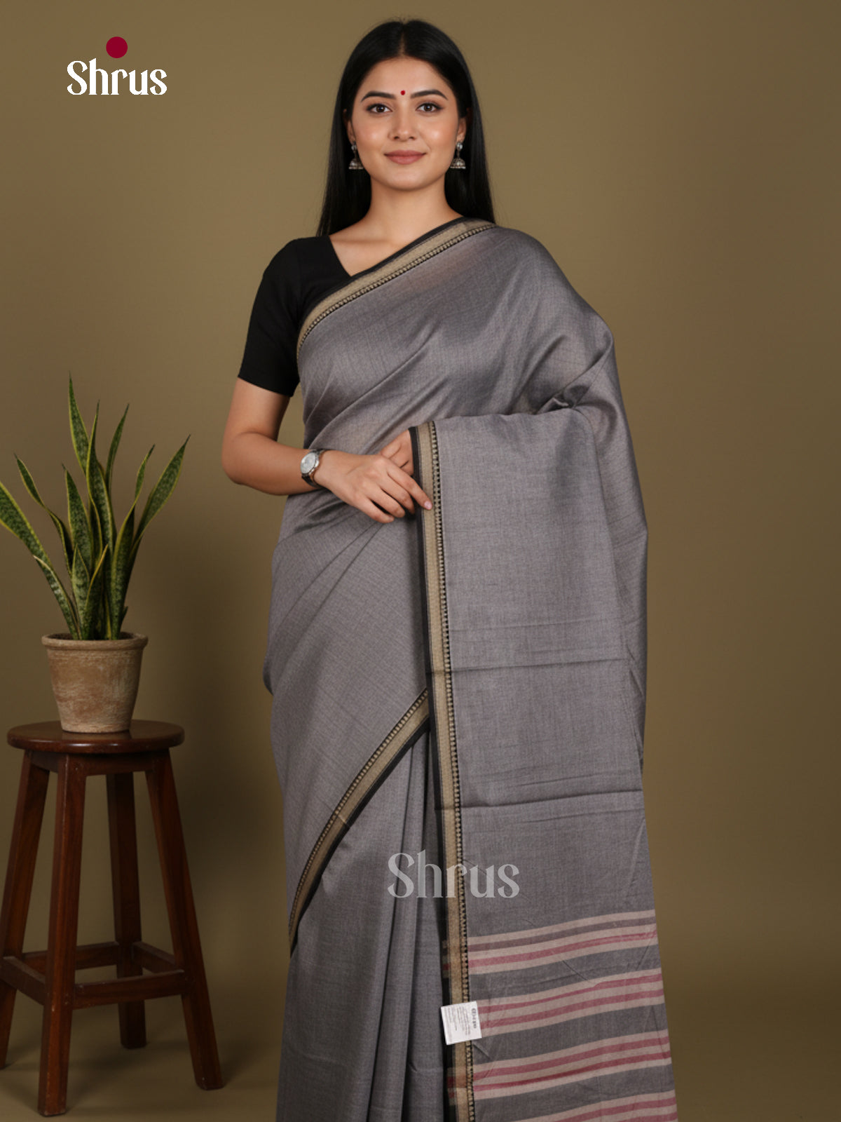 Grey & Black - Narayanpet Cotton Saree - Shop on Shrus.com