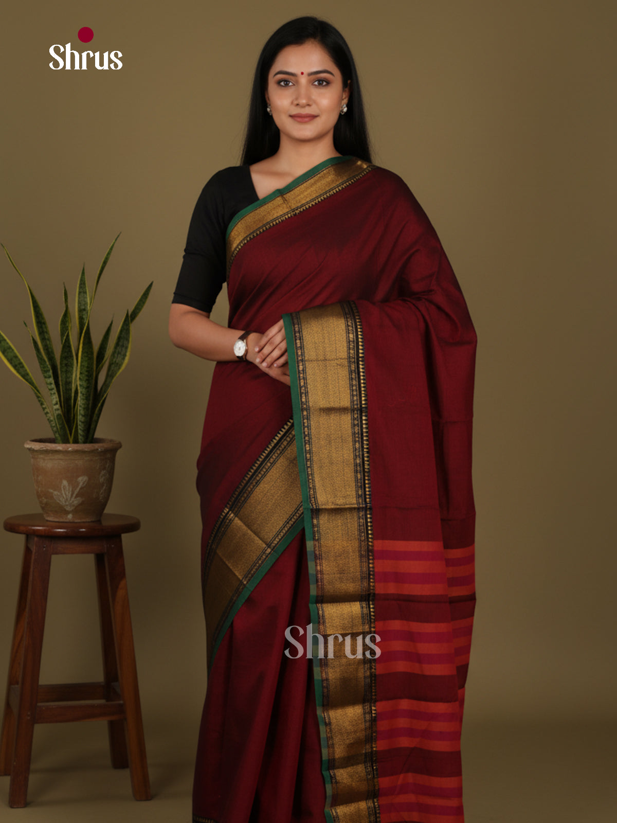 Maroon & Green - Narayanpet Cotton Saree
