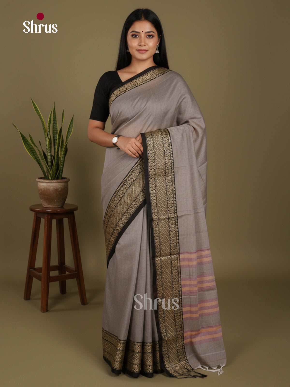 Grey & Black- Narayanpet Cotton Saree