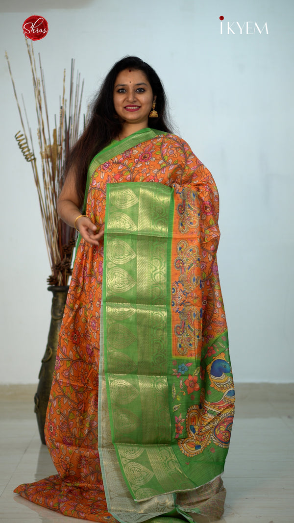 Orange & Green - Art Linen with kalamkari floral Print on the body & Contrast Zari Border