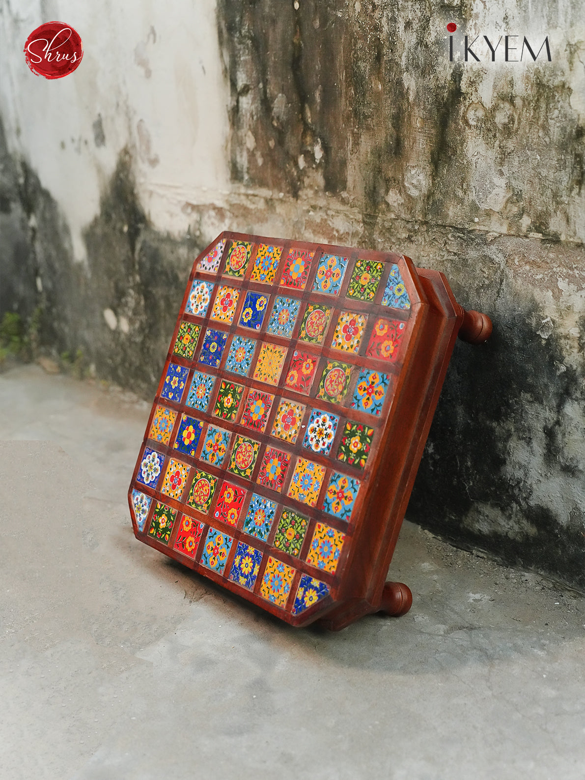 Handcrafted Multicolored Chowkie adorned with small Tiles (Jungle Wood) - Shop on ShrusEternity.com