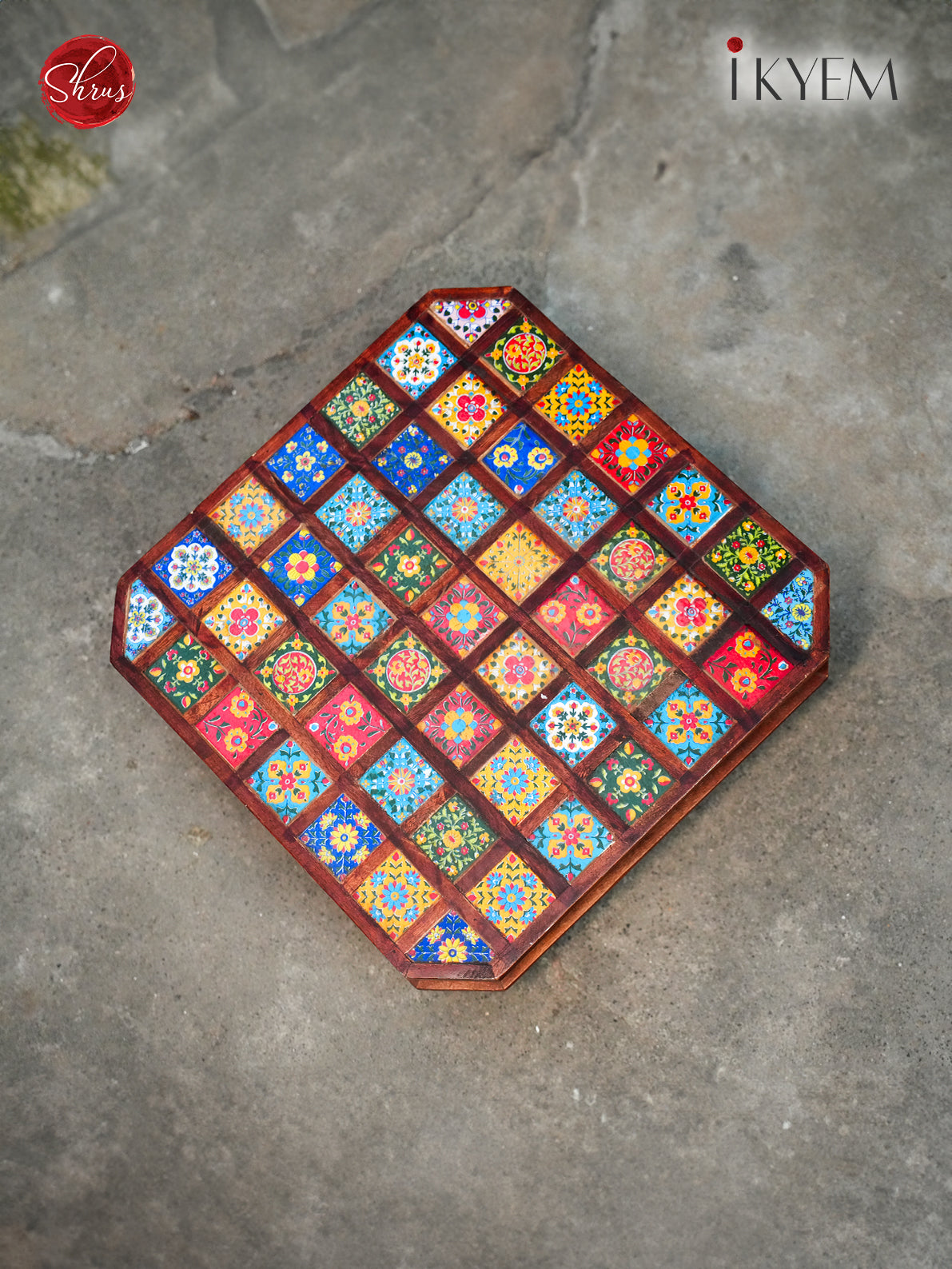 Handcrafted Multicolored Chowkie adorned with small Tiles (Jungle Wood) - Shop on ShrusEternity.com