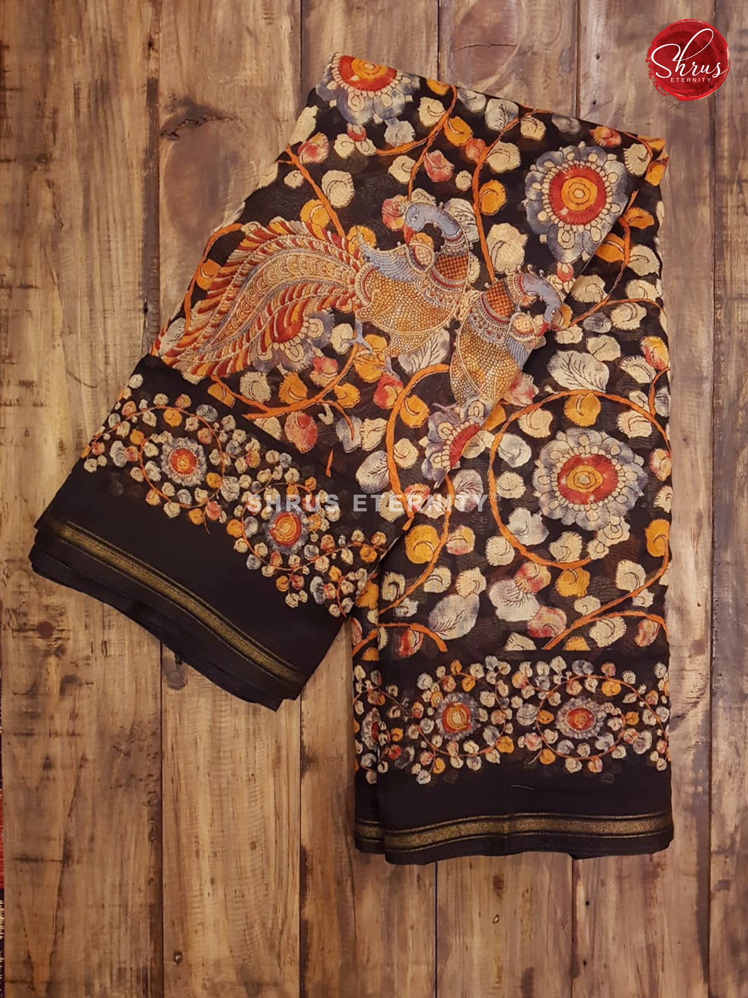 Black (Single Tone) -  Cotton Silk (Kalamkari prints) - Shop on ShrusEternity.com