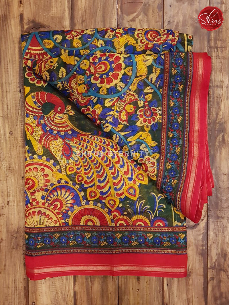 Dark Green & Red -  Cotton Silk (Kalamkari prints) - Shop on ShrusEternity.com