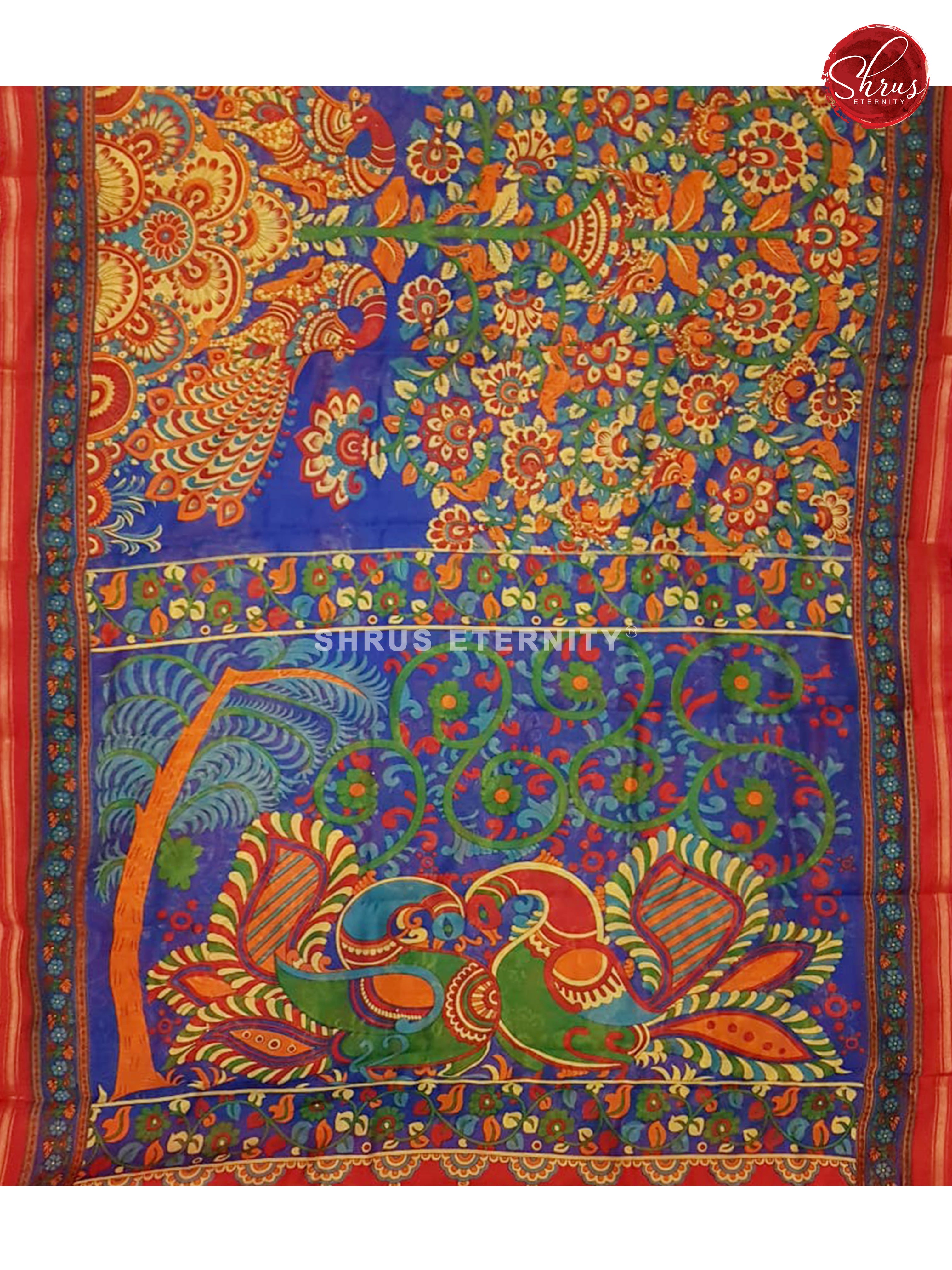 Blue & Red -  Cotton Silk (Kalamkari prints) - Shop on ShrusEternity.com