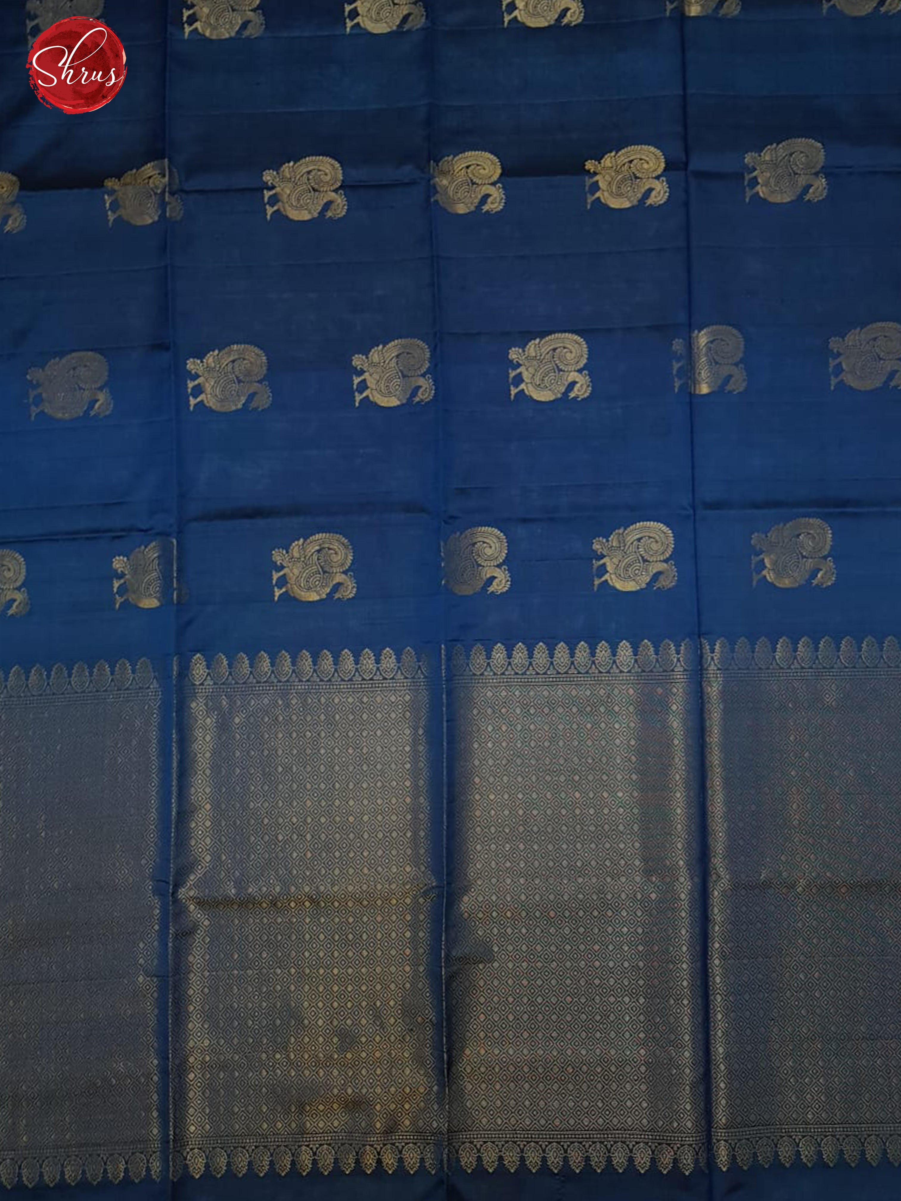 Blue & Cream -  Borderless Silk(Half Pure) with zari woven Peacock motifs on the body - Shop on ShrusEternity.com