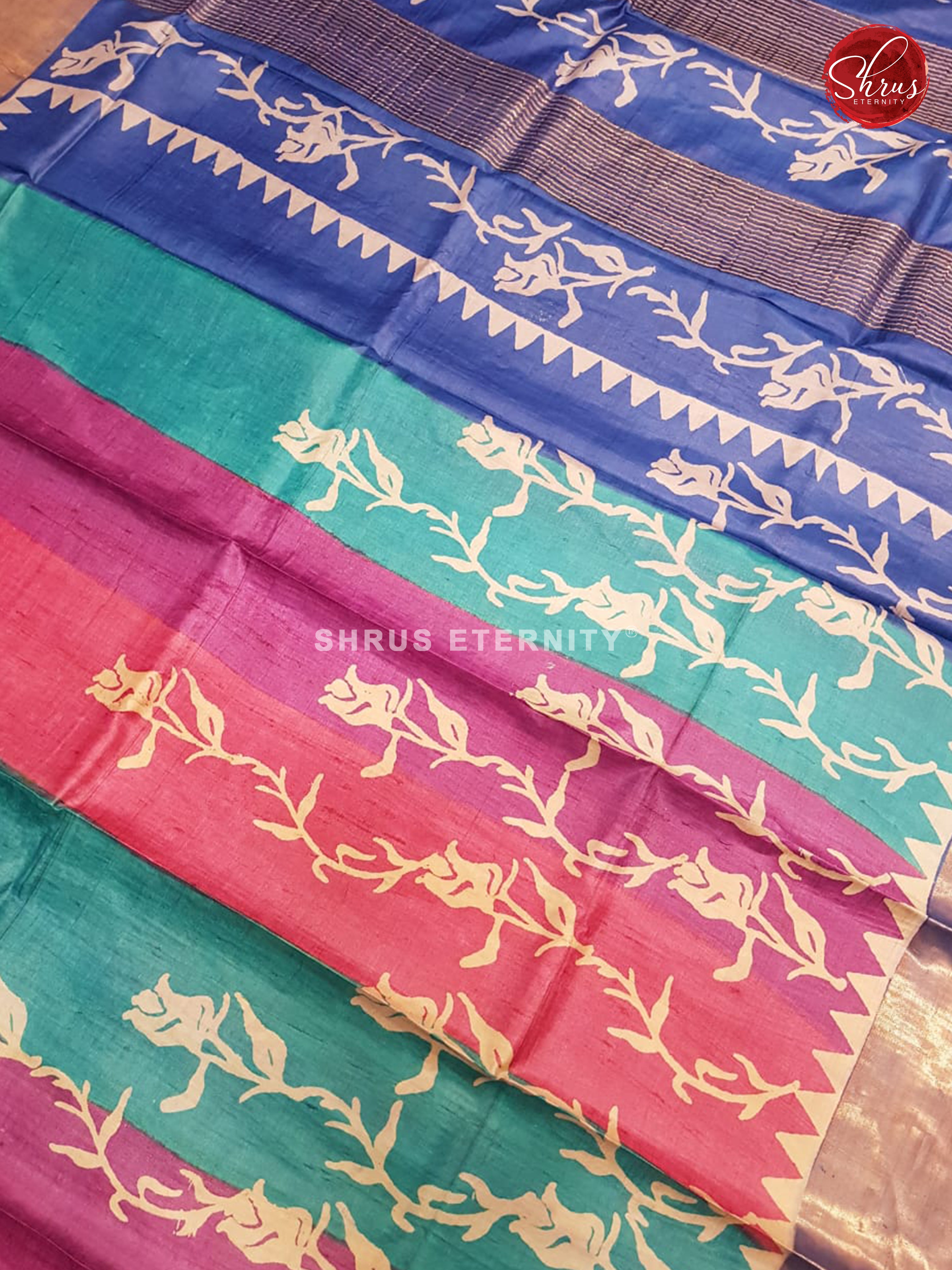 Pink & Blue  - Tussar Silk - Shop on ShrusEternity.com