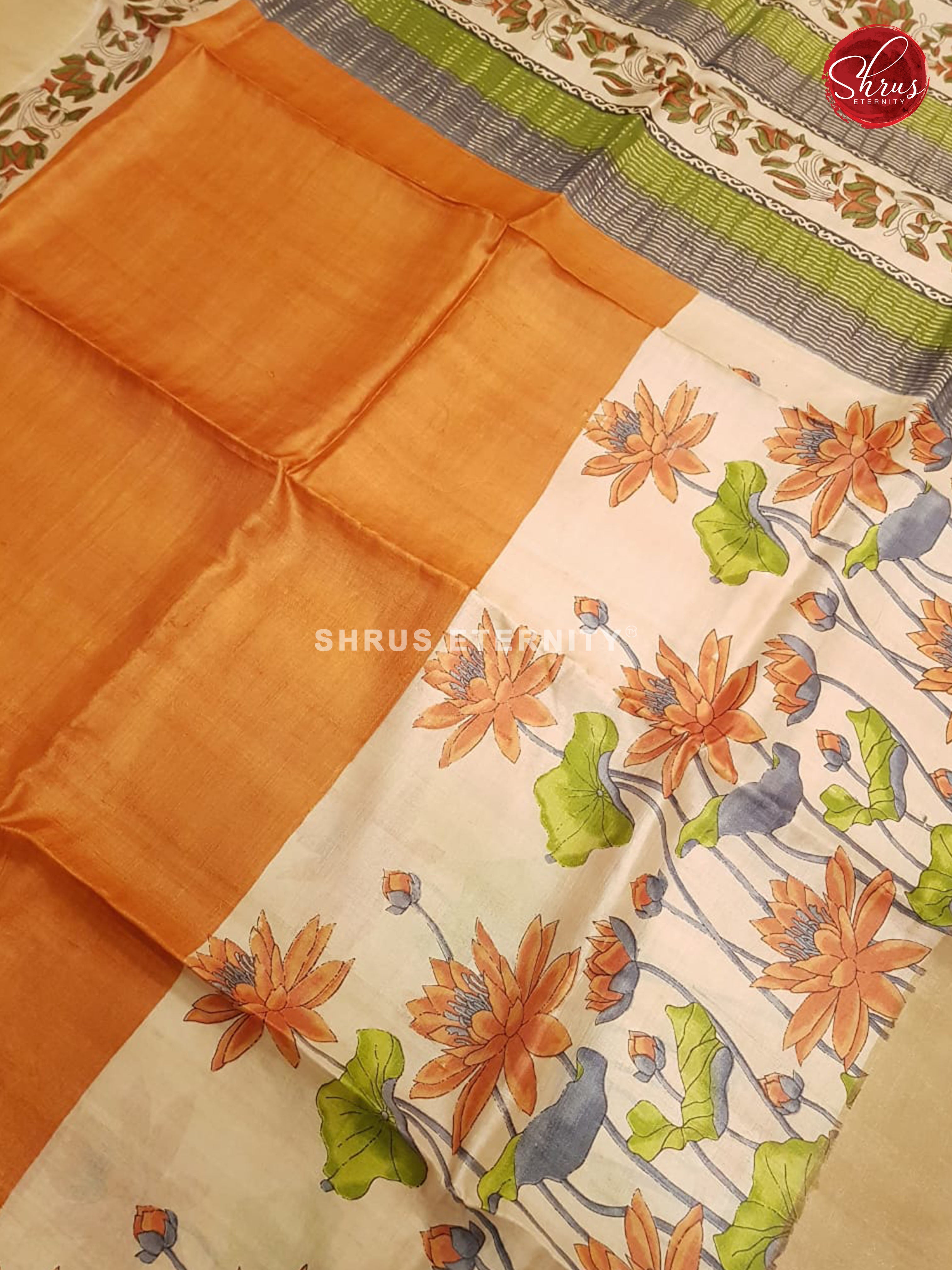 Orange & White - Tussar Silk - Shop on ShrusEternity.com