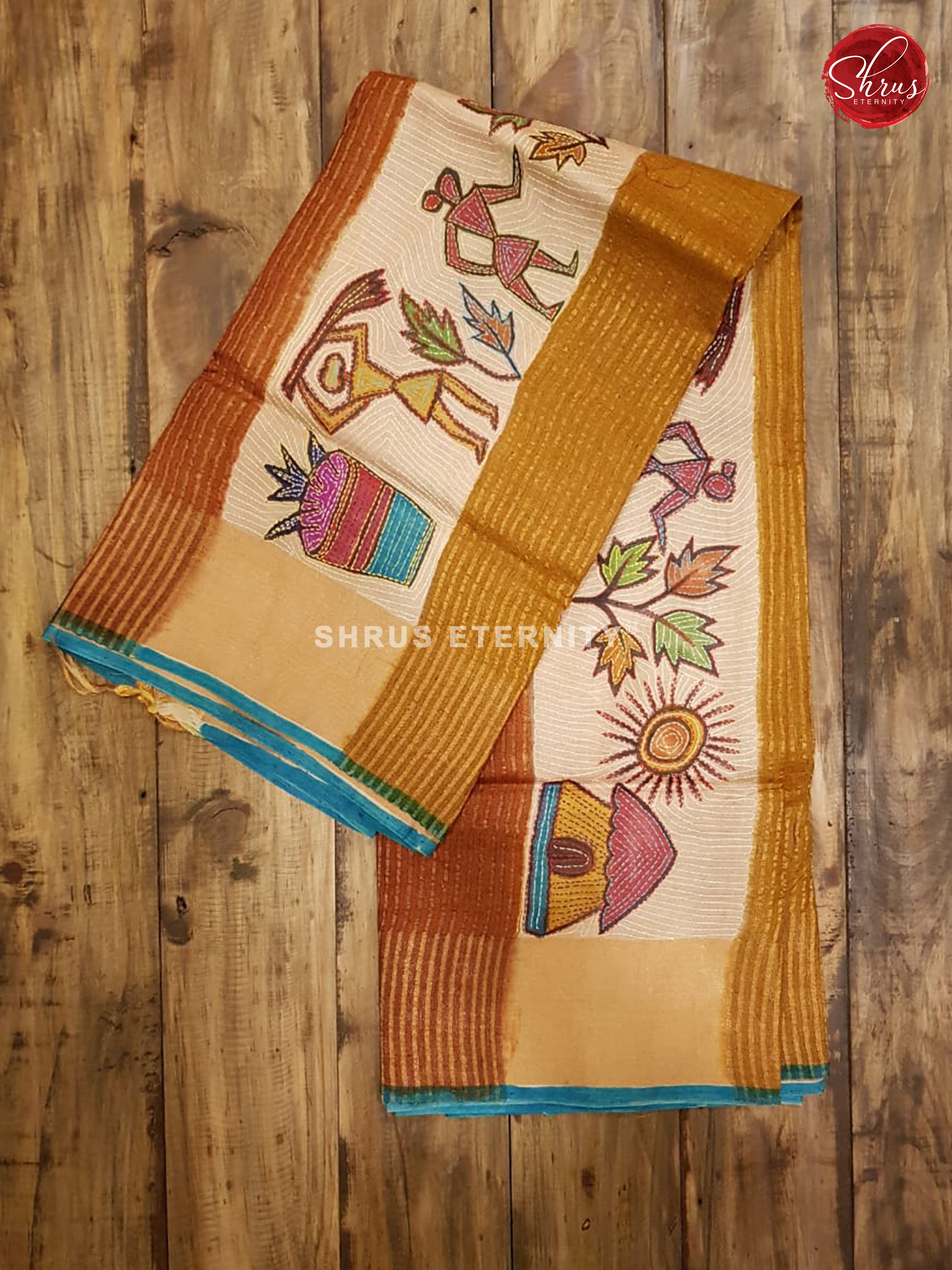 Brick Orange & Cream - Tussar (Kantha Stitch) - Shop on ShrusEternity.com