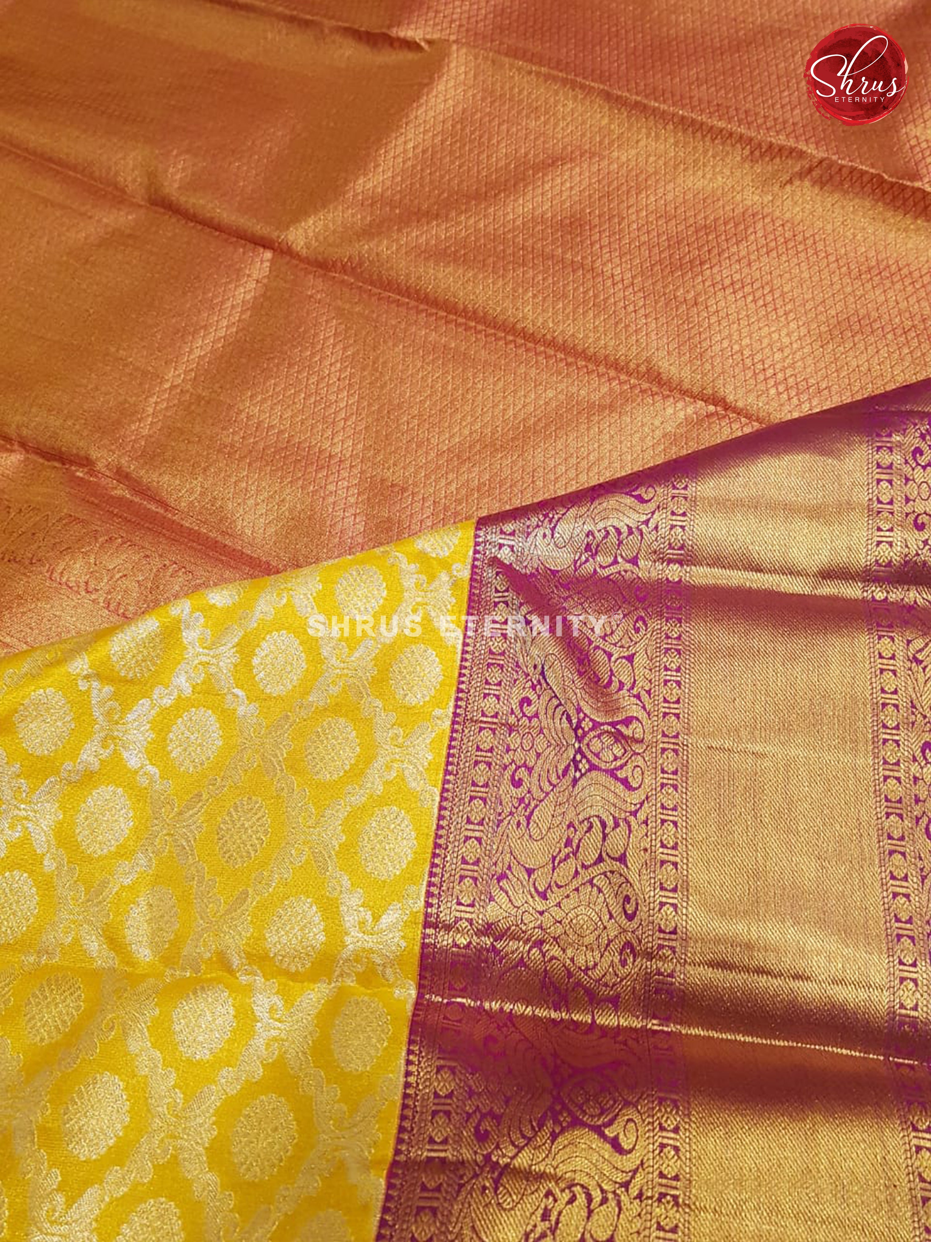 Lime Yellow  & Pinkish Orange  - Kanchipuram Silk - Shop on ShrusEternity.com