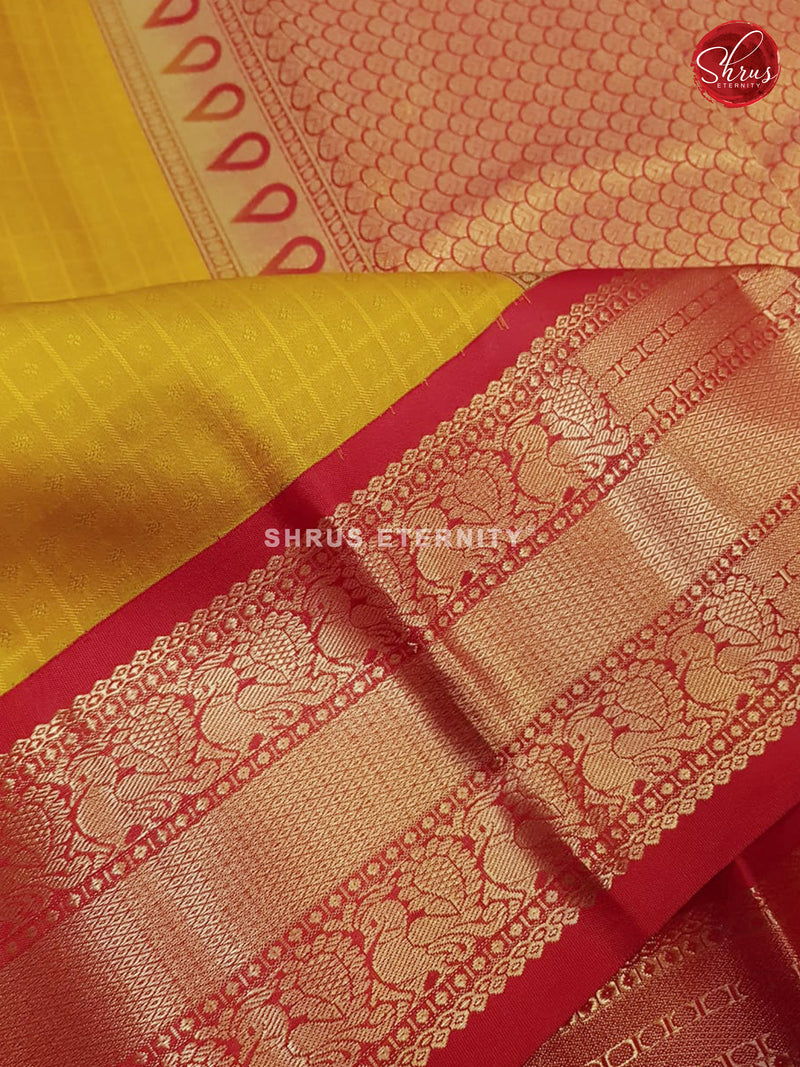 Mustard Yellow & Red  - Kanchipuram Silk - Shop on ShrusEternity.com