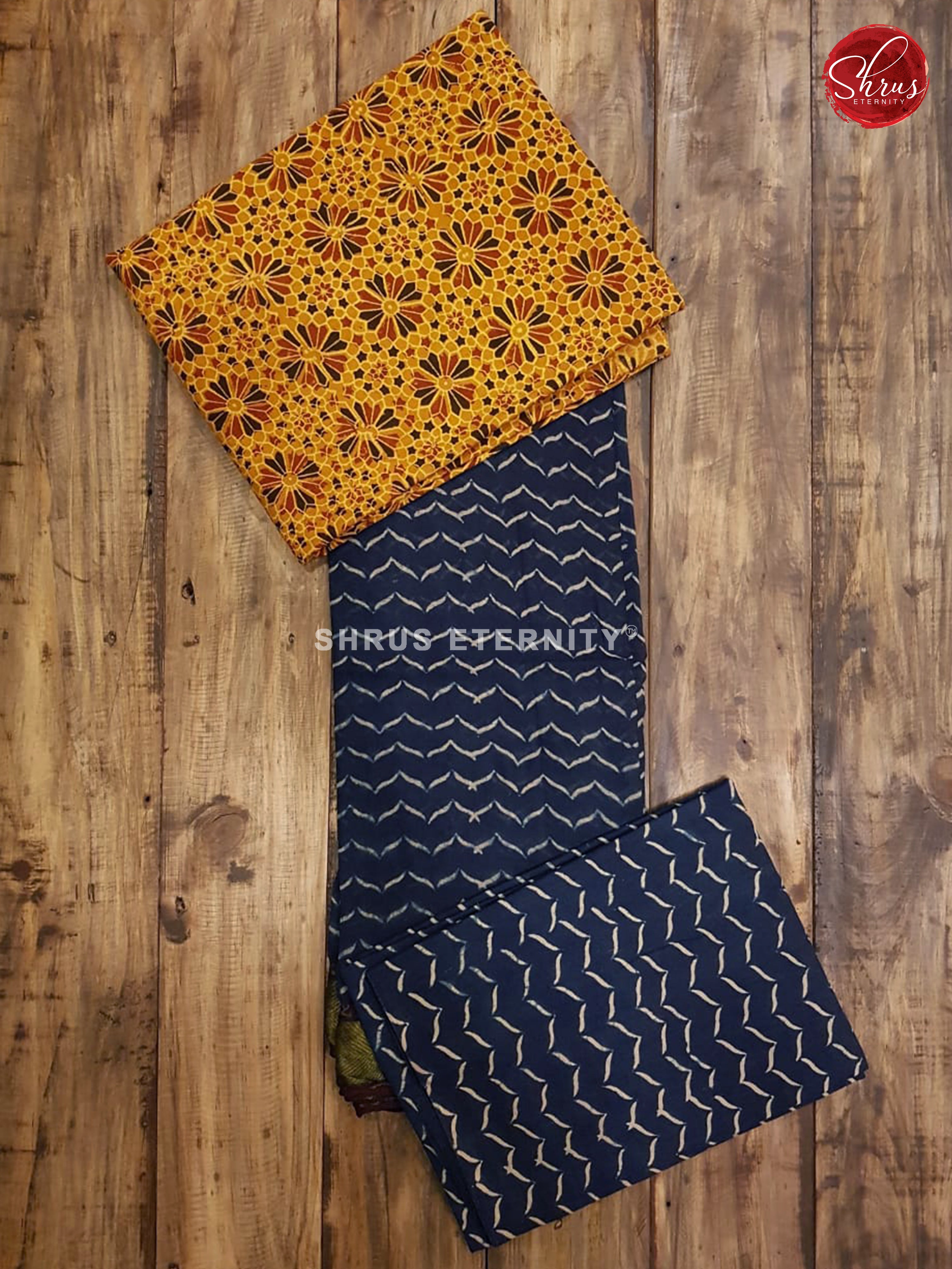 Mustard Yellow & Blue - Ajrakh Block print - Shop on ShrusEternity.com