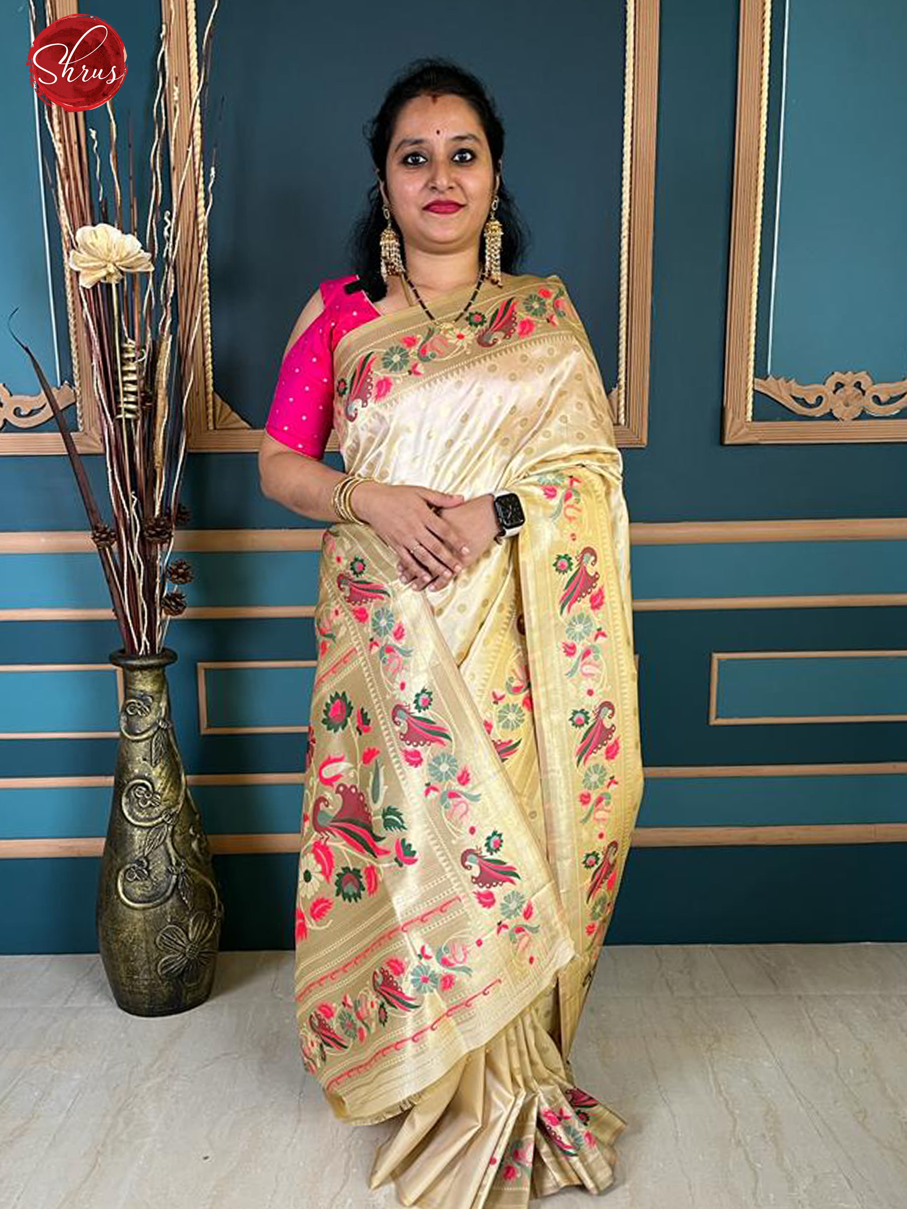 Cream (Single Tone)- Semi Paithani  with Zari woven floral buttas on the body  & Gold zari Border - Shop on ShrusEternity.com