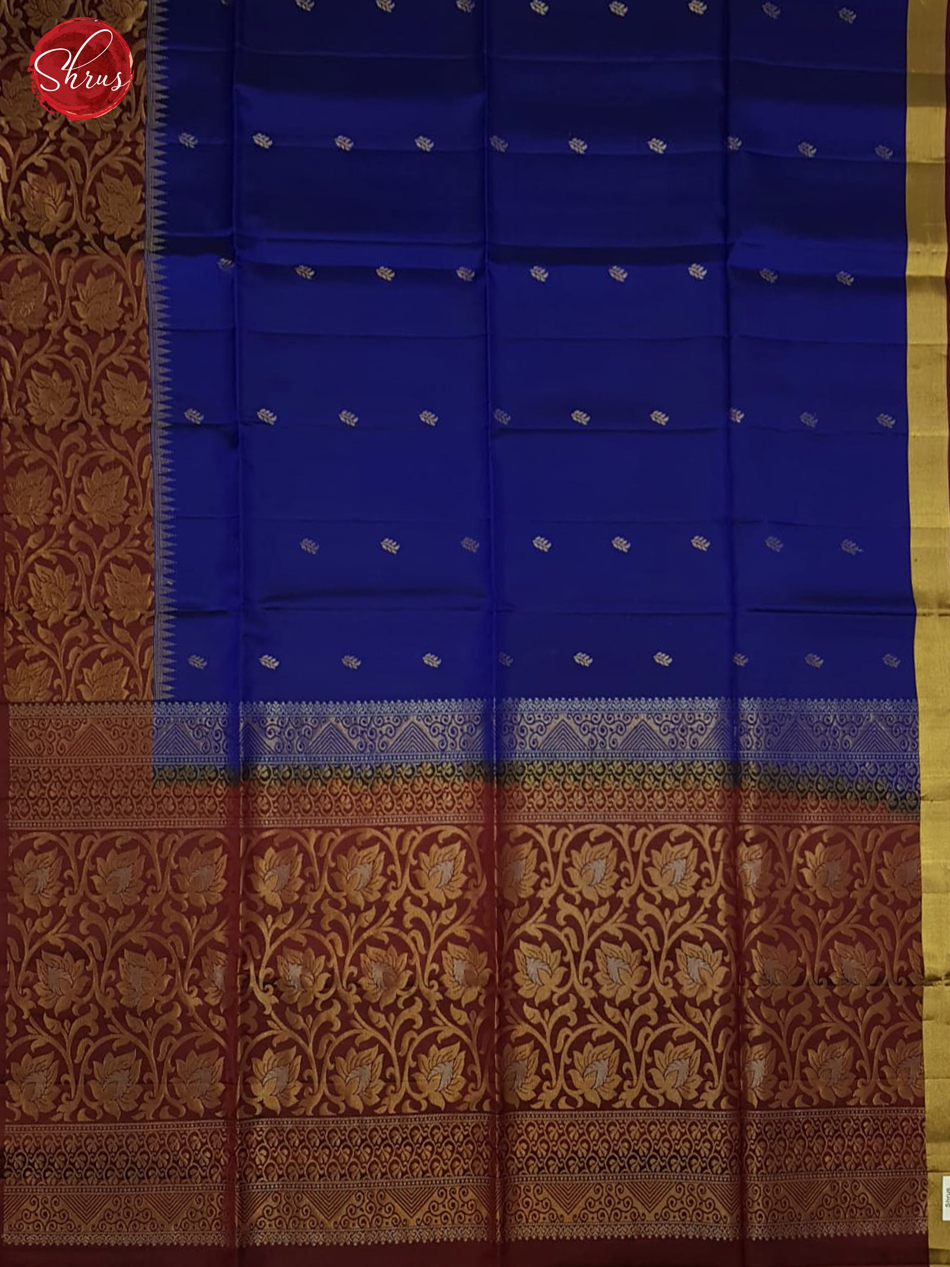 Blue & Maroon -  Silk(Half Pure) Saree  with zari buttas on the body & zari Border - Shop on ShrusEternity.com