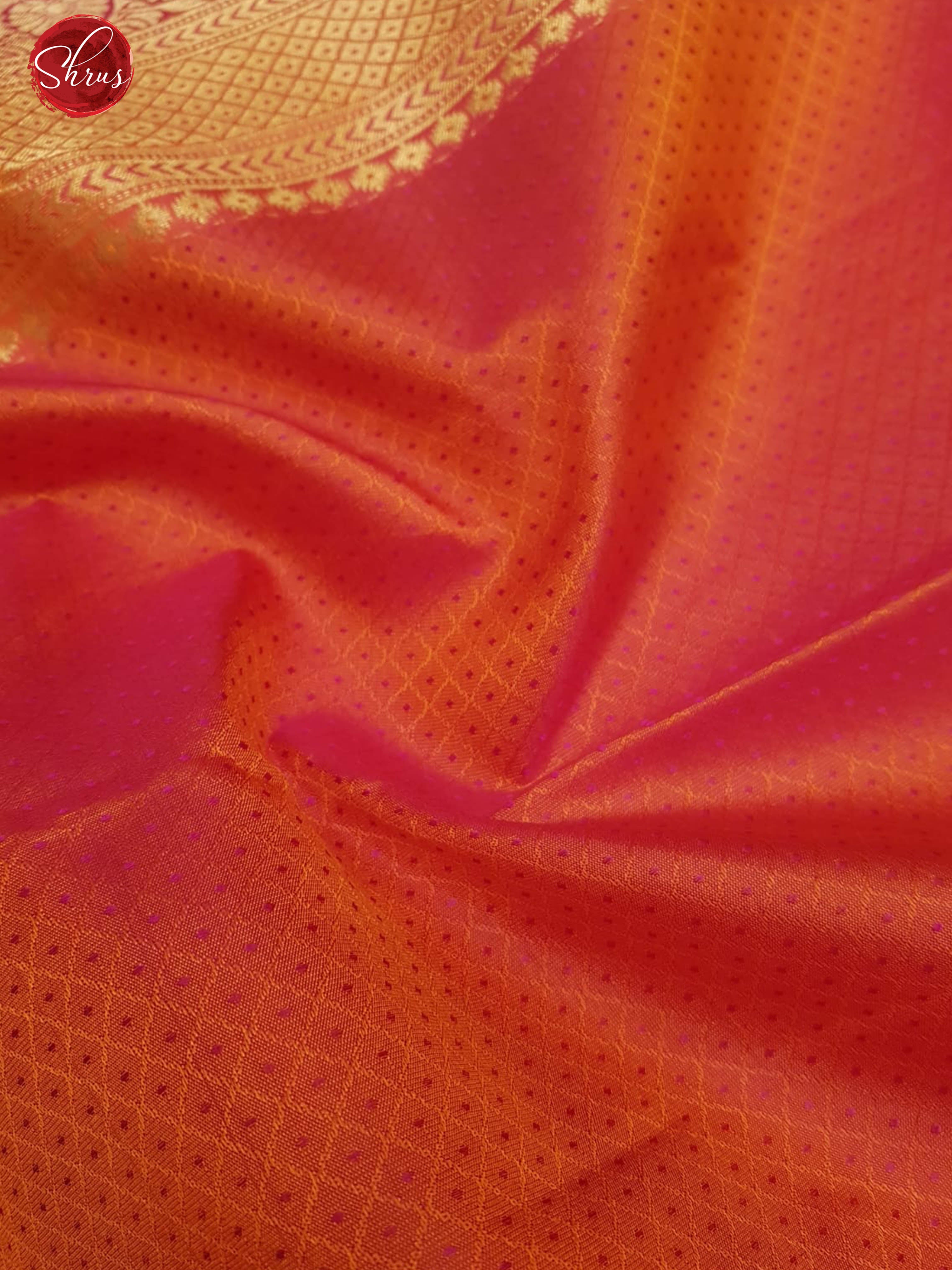 Orangish Pink and Majenta - Kanchipuram Silk with criss cross jacquard on the body& Contrast zari border - Shop on ShrusEternity.com