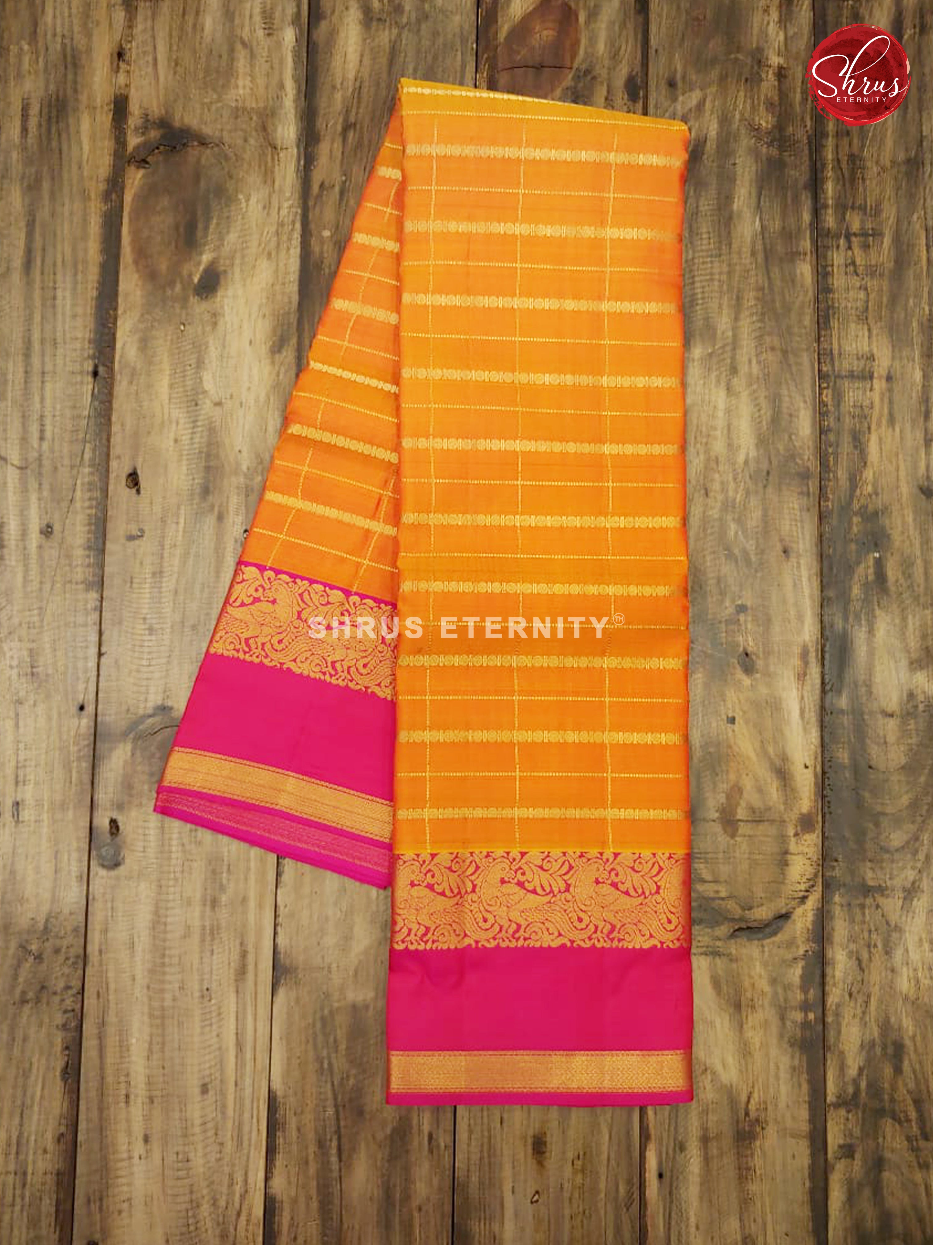 Yellowih Orange & Candy Pink - Kanchipuram Silk - Shop on ShrusEternity.com
