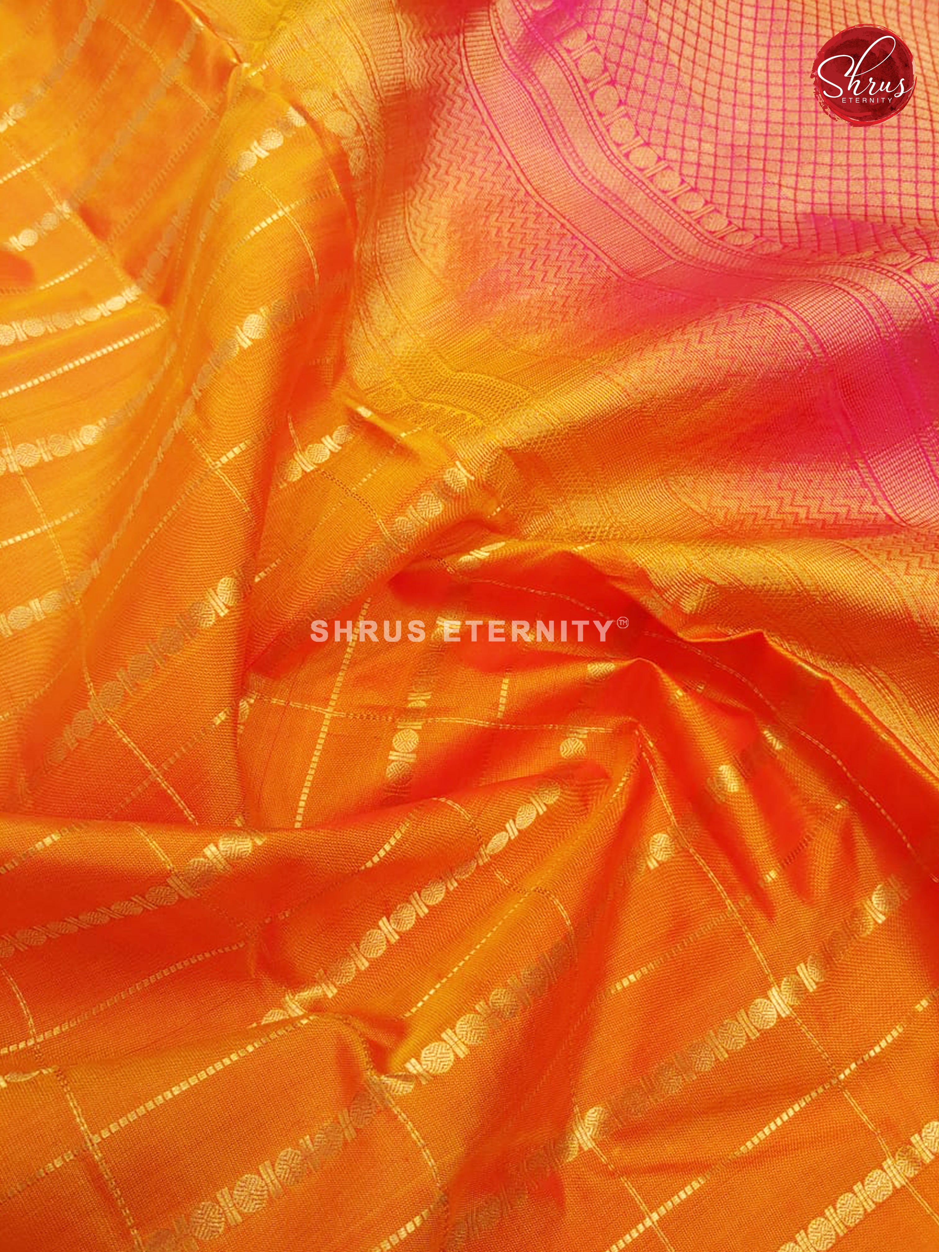 Yellowih Orange & Candy Pink - Kanchipuram Silk - Shop on ShrusEternity.com