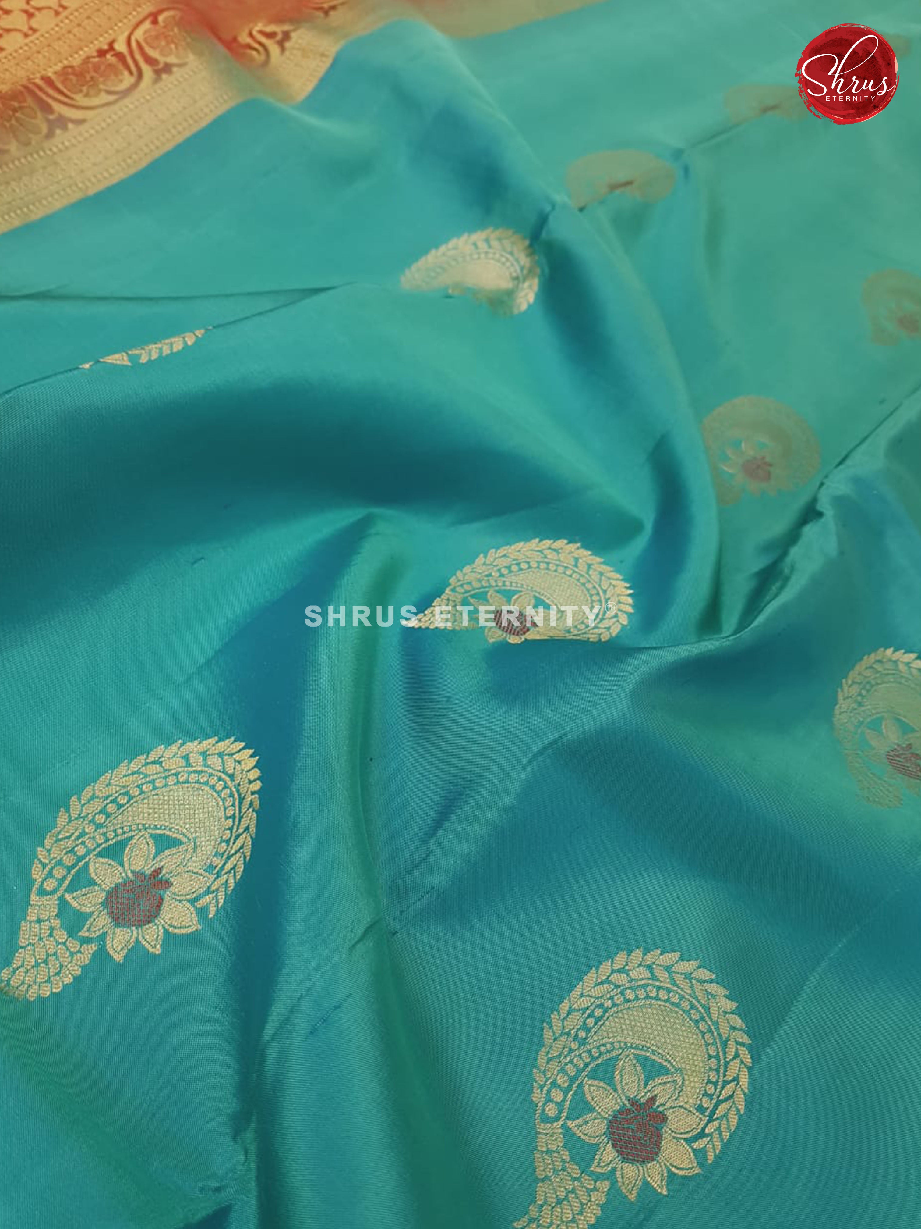 Teal Blue & Red - Kanchipuram Silk - Shop on ShrusEternity.com