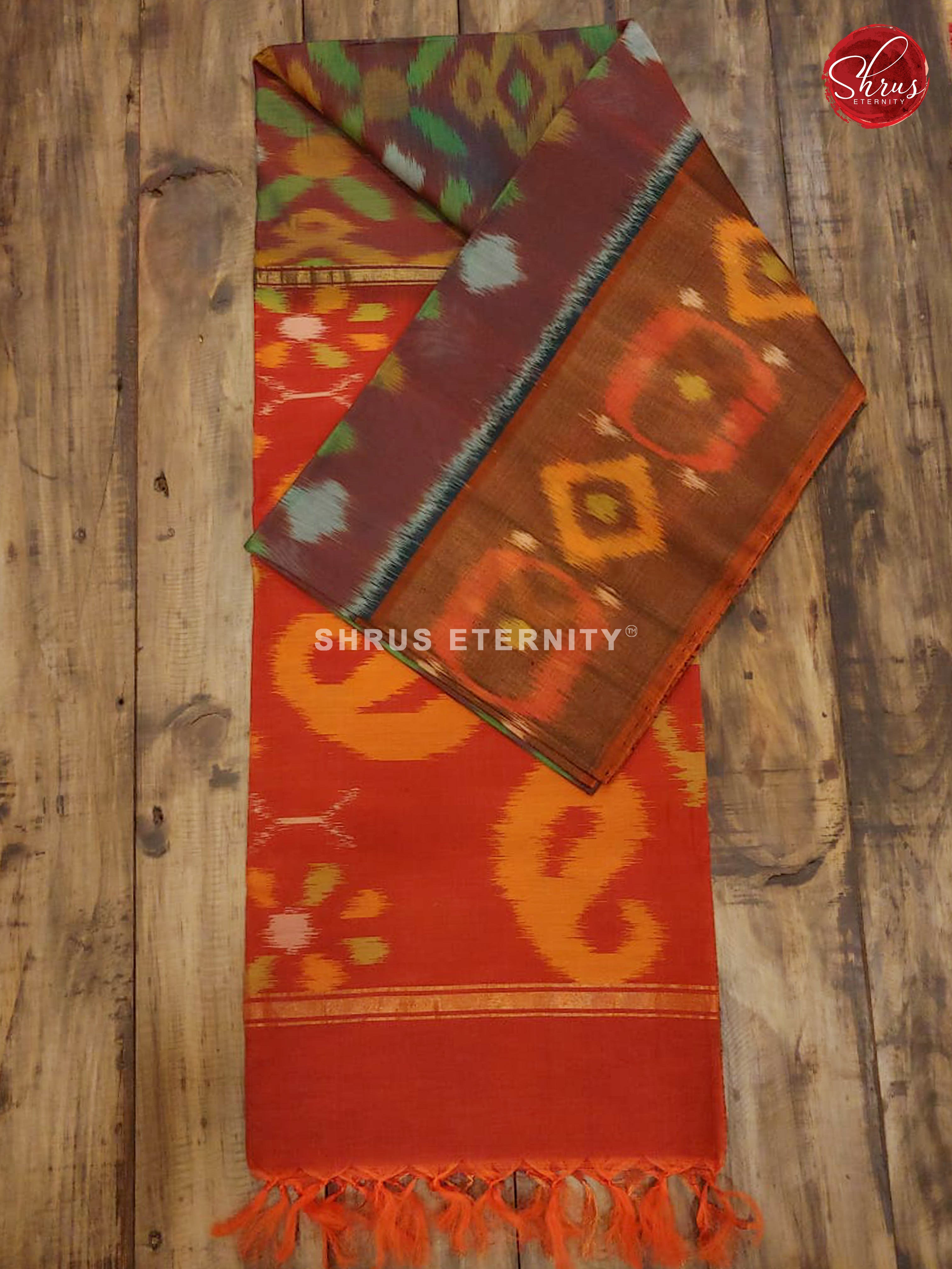 Brown  & Brick Orange - Pochampally Silk Cottton - Shop on ShrusEternity.com