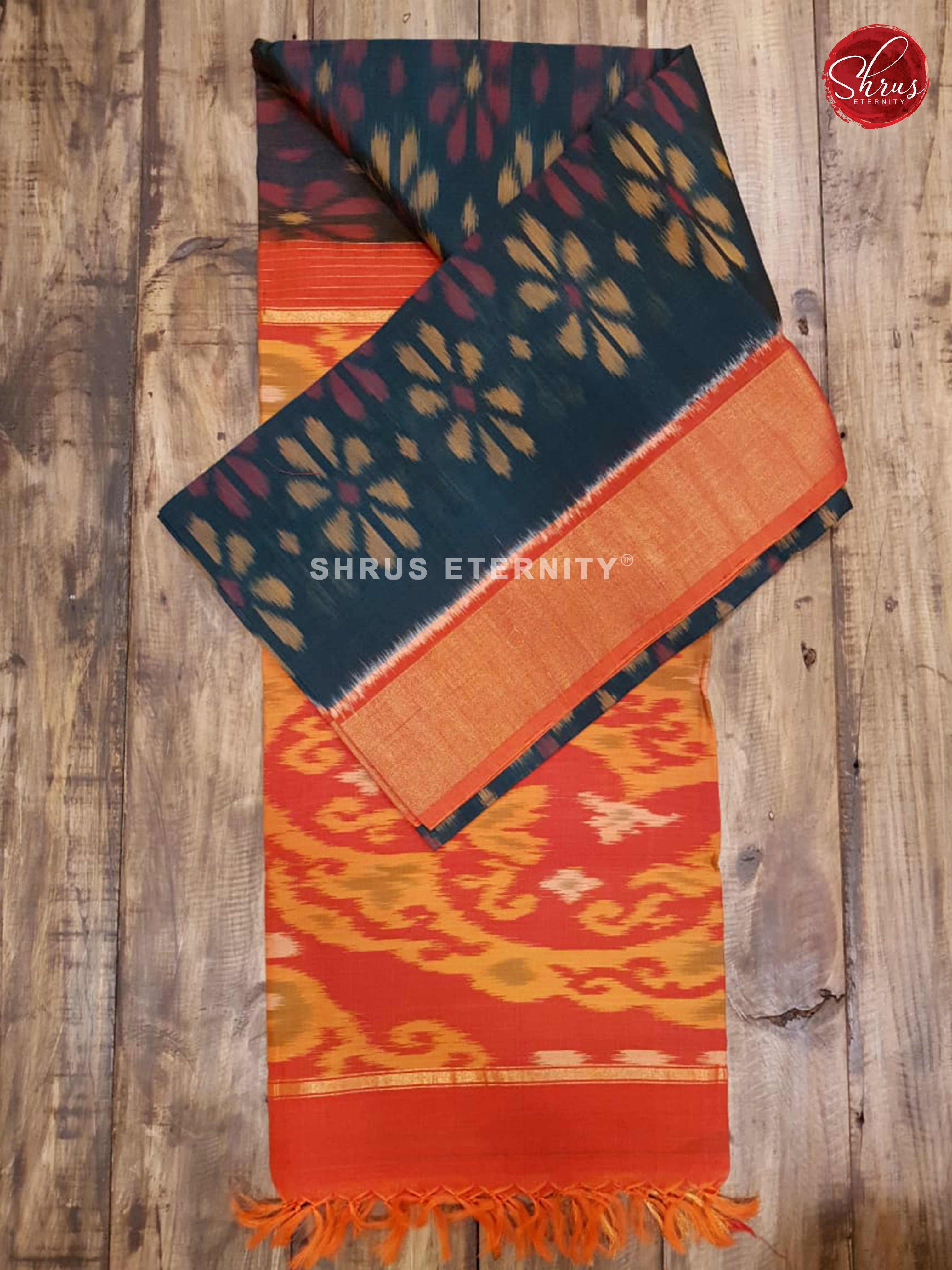 Dark Green & Brick Orange - Pochampally Silk Cotton - Shop on ShrusEternity.com
