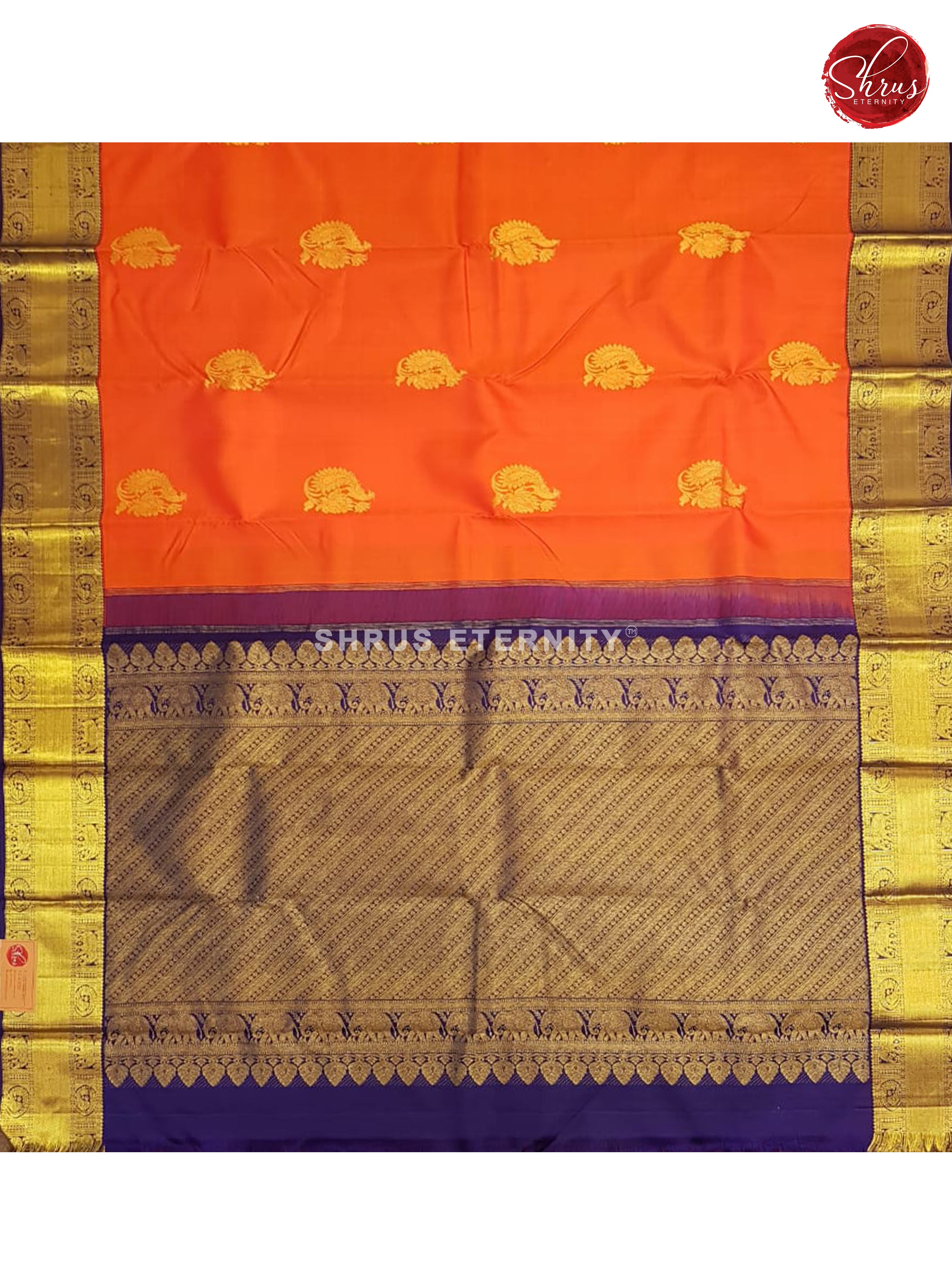 Fanta Orange & Violet - Kanchipuram Silk - Shop on ShrusEternity.com
