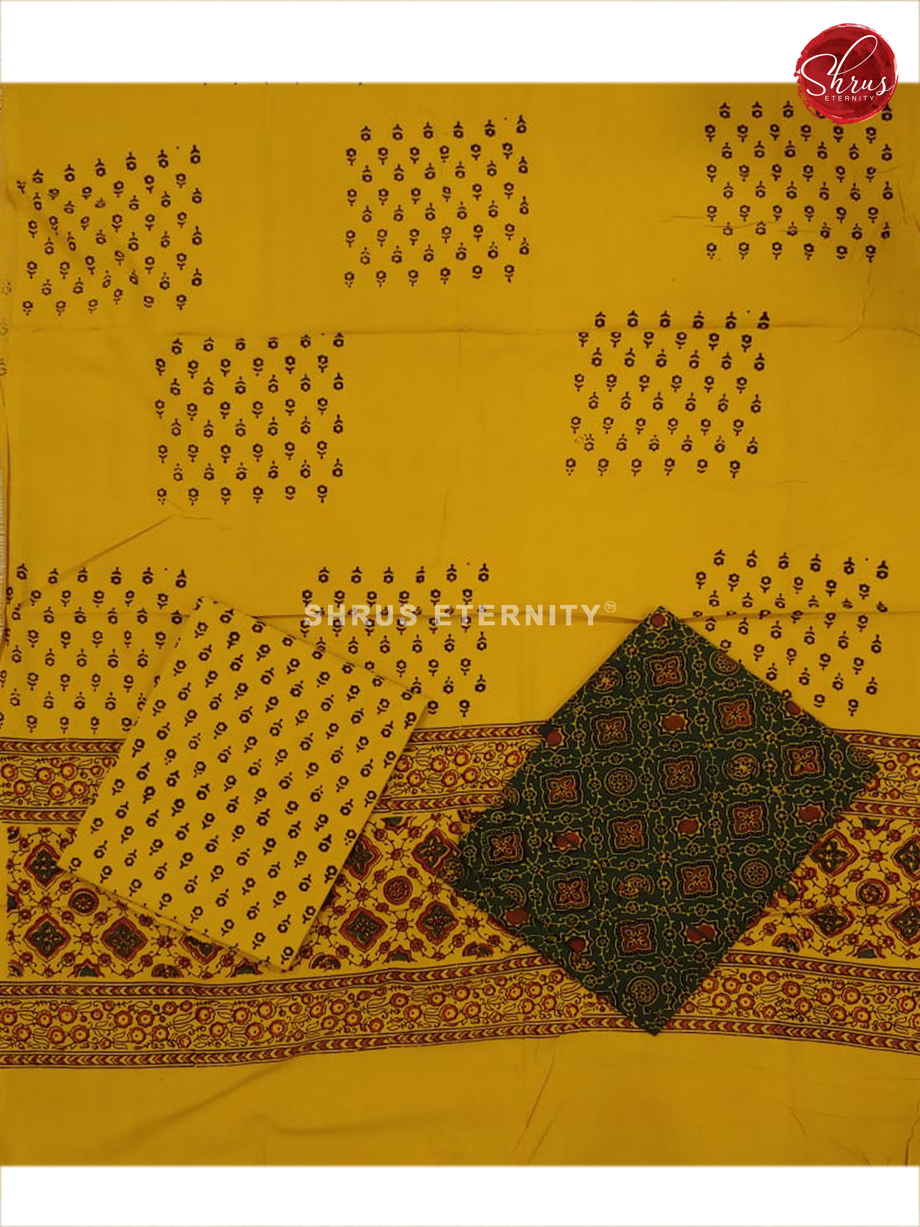Dark Green & Mustard - Ajrakh Block Print - Shop on ShrusEternity.com