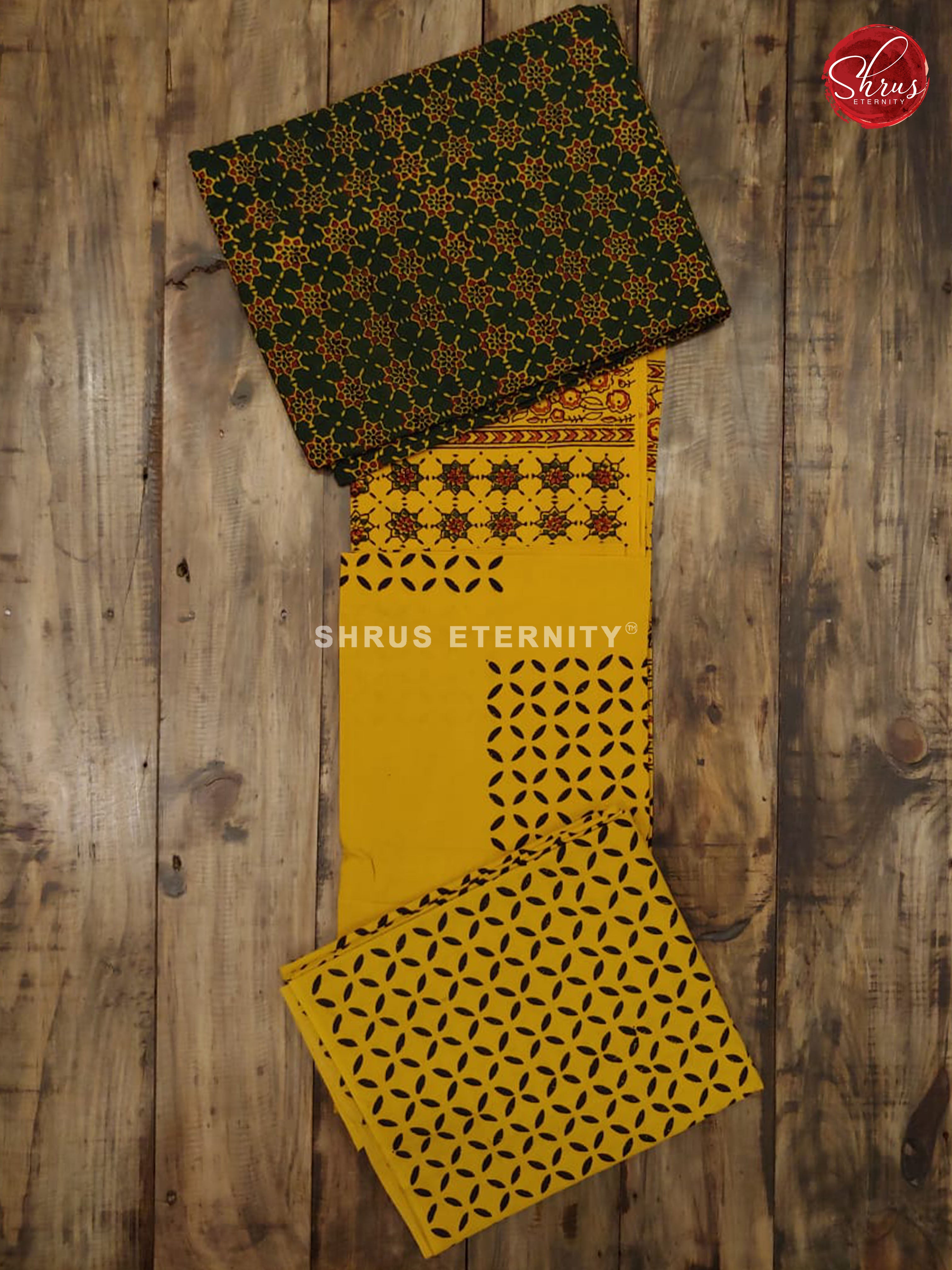 Dark Green & Yellow - Ajrakh Block Print - Shop on ShrusEternity.com