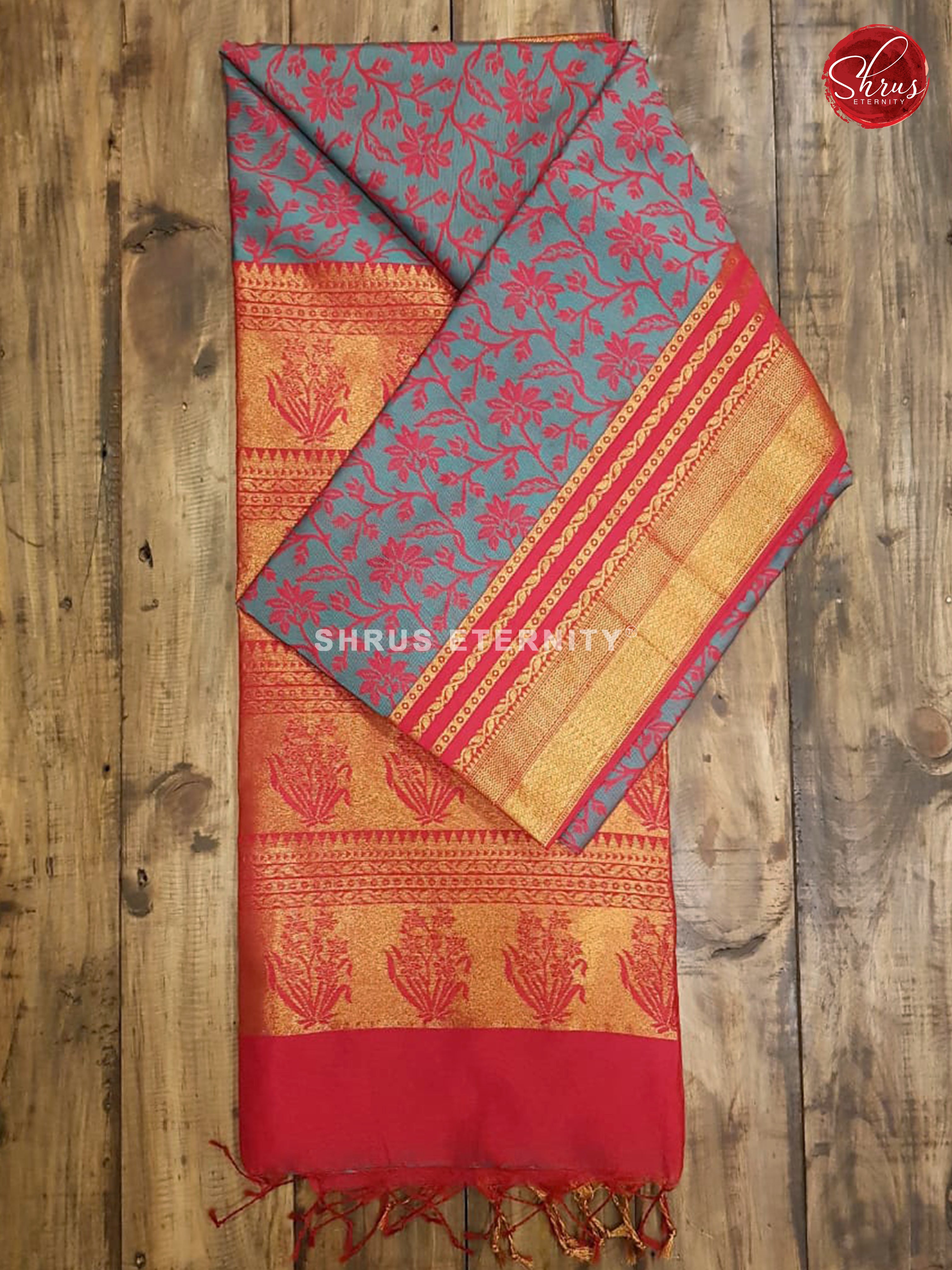 Teal Blue & Red- Kora cotton silk - Shop on ShrusEternity.com
