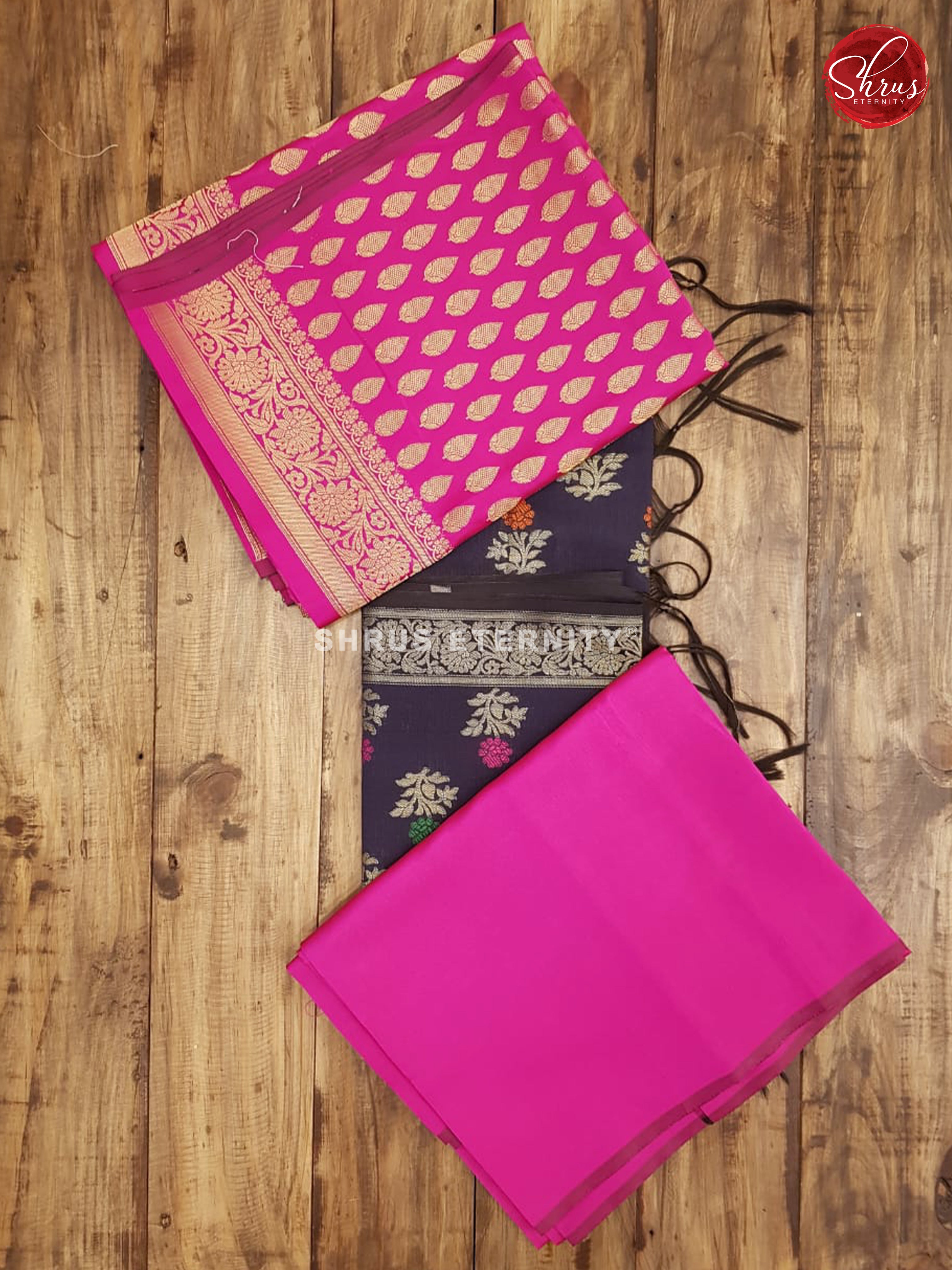 Pink & Dark Blue - Semi Banarasi Suit - Shop on ShrusEternity.com
