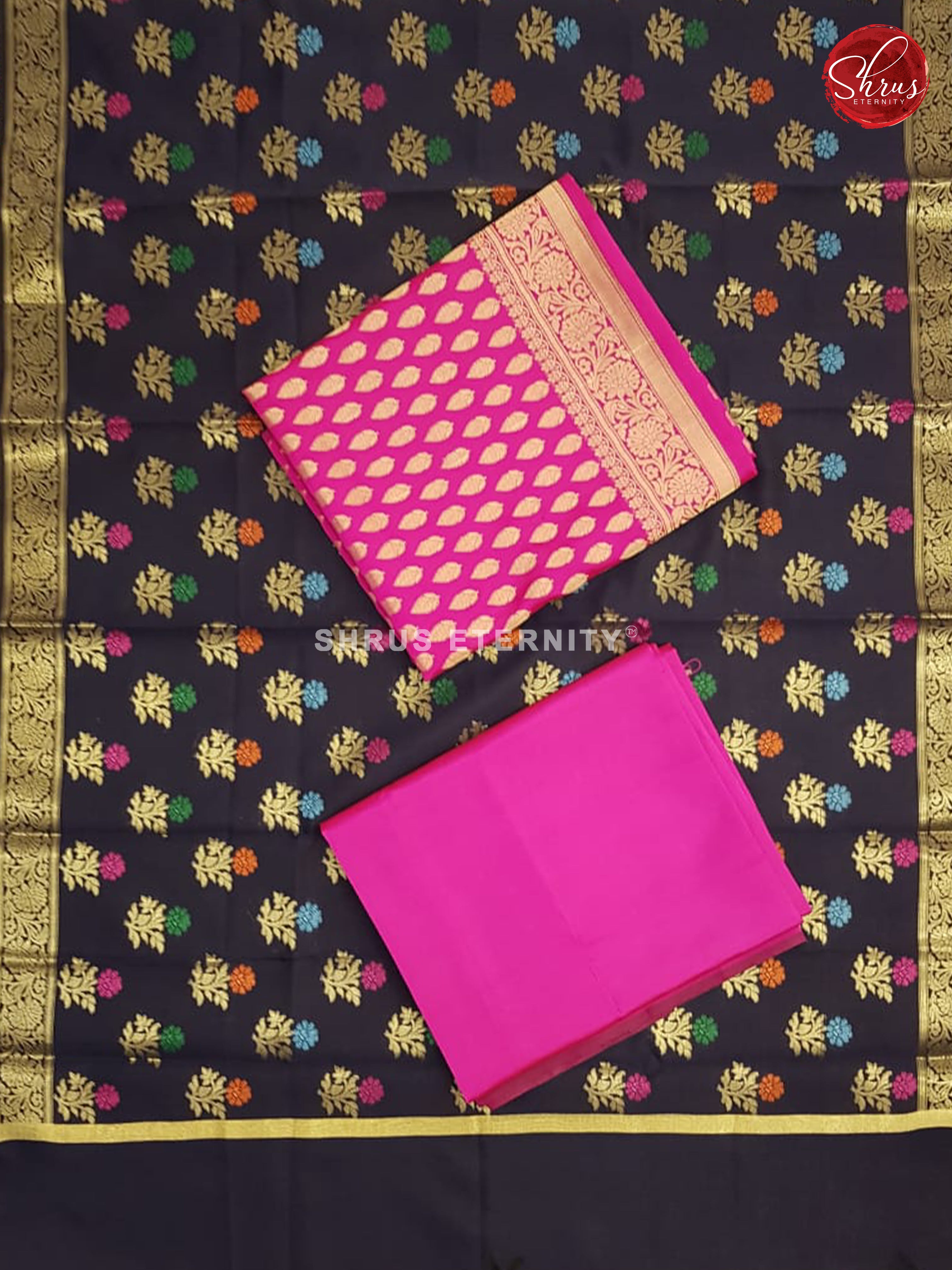 Pink & Dark Blue - Semi Banarasi Suit - Shop on ShrusEternity.com