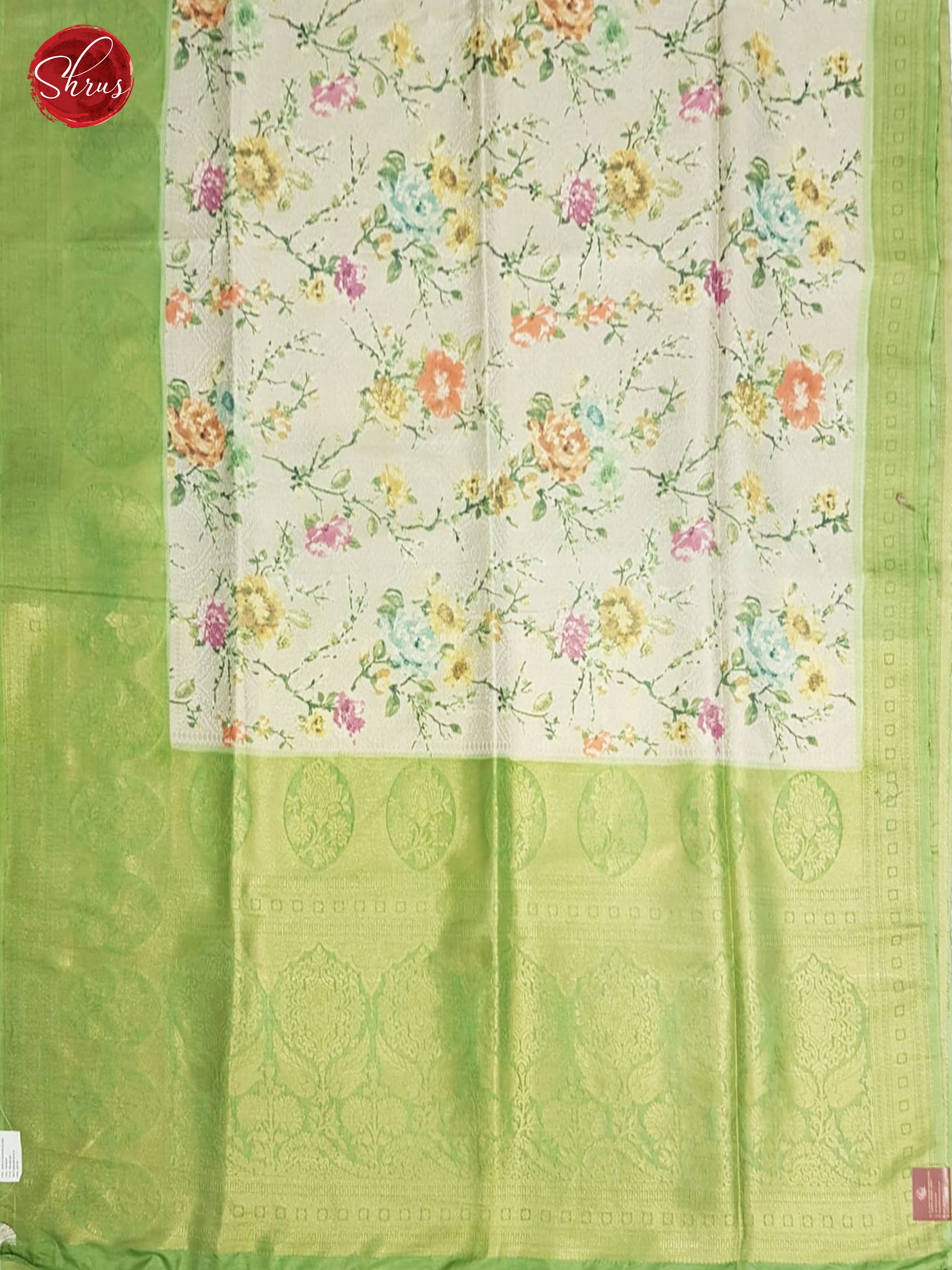 Cream & Green - Semi Georgette with floral print on the Body & Contrast Gold zari Border - Shop on ShrusEternity.com