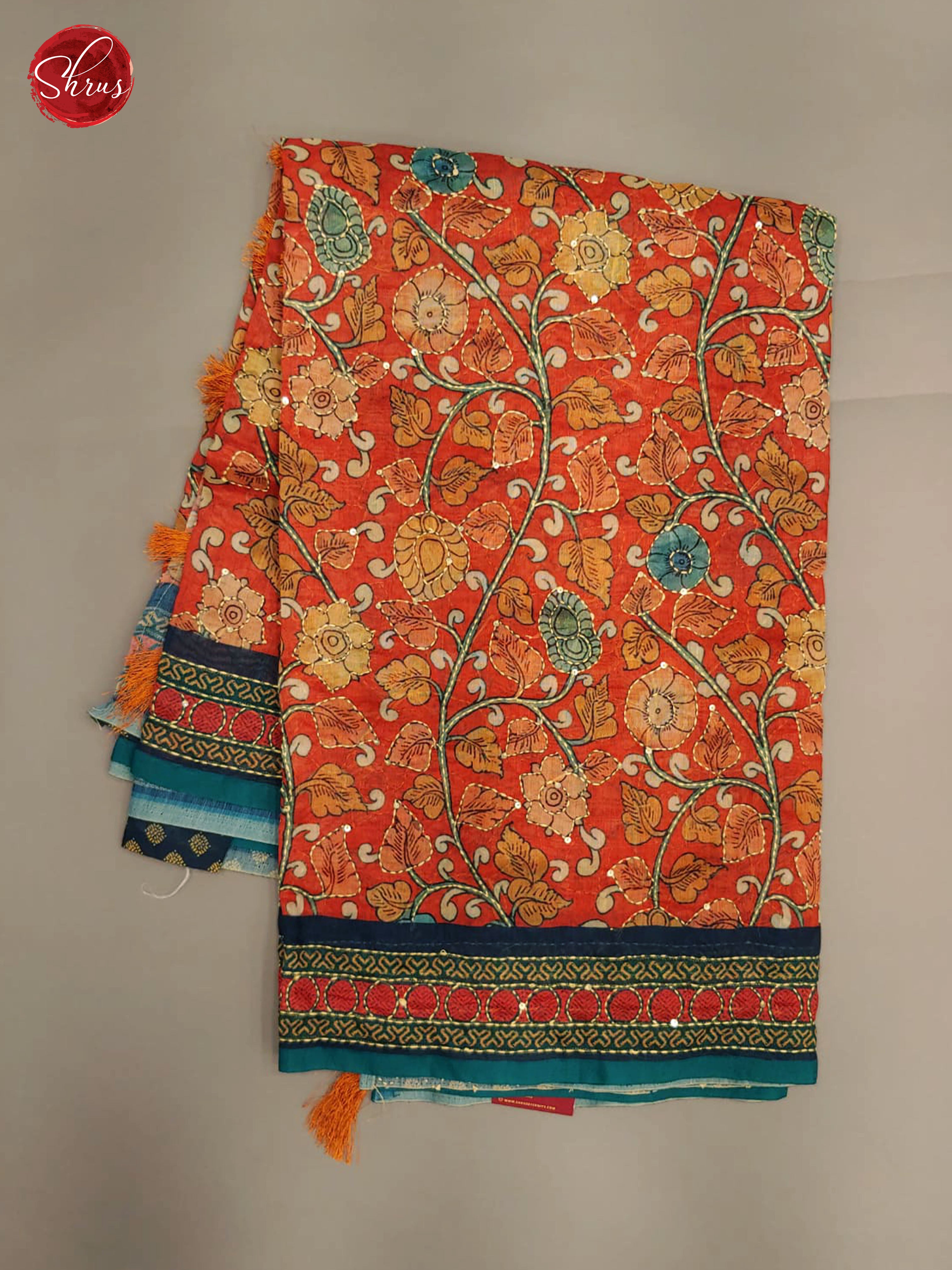 Brick Red & Blue - Semi Kantha with kalamkari floral print & Kantha Stitch on the  Body - Shop on ShrusEternity.com