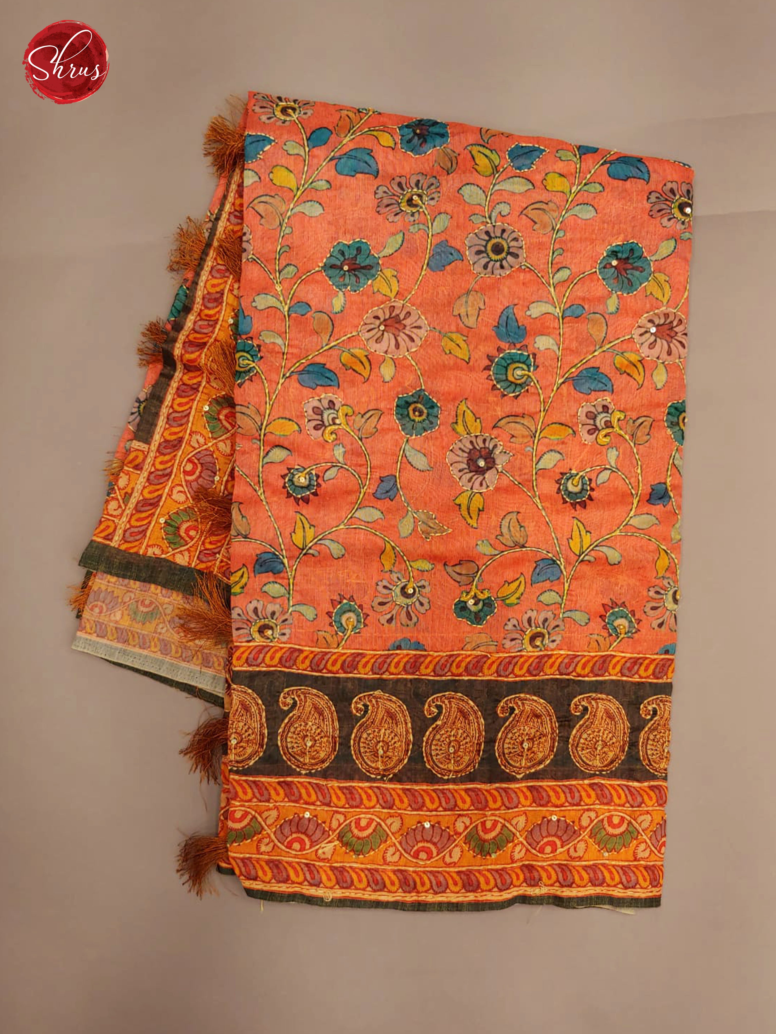 Orange & Brown - Semi Kantha with floral kalamkari print  & Kantha stitch on theBody - Shop on ShrusEternity.com