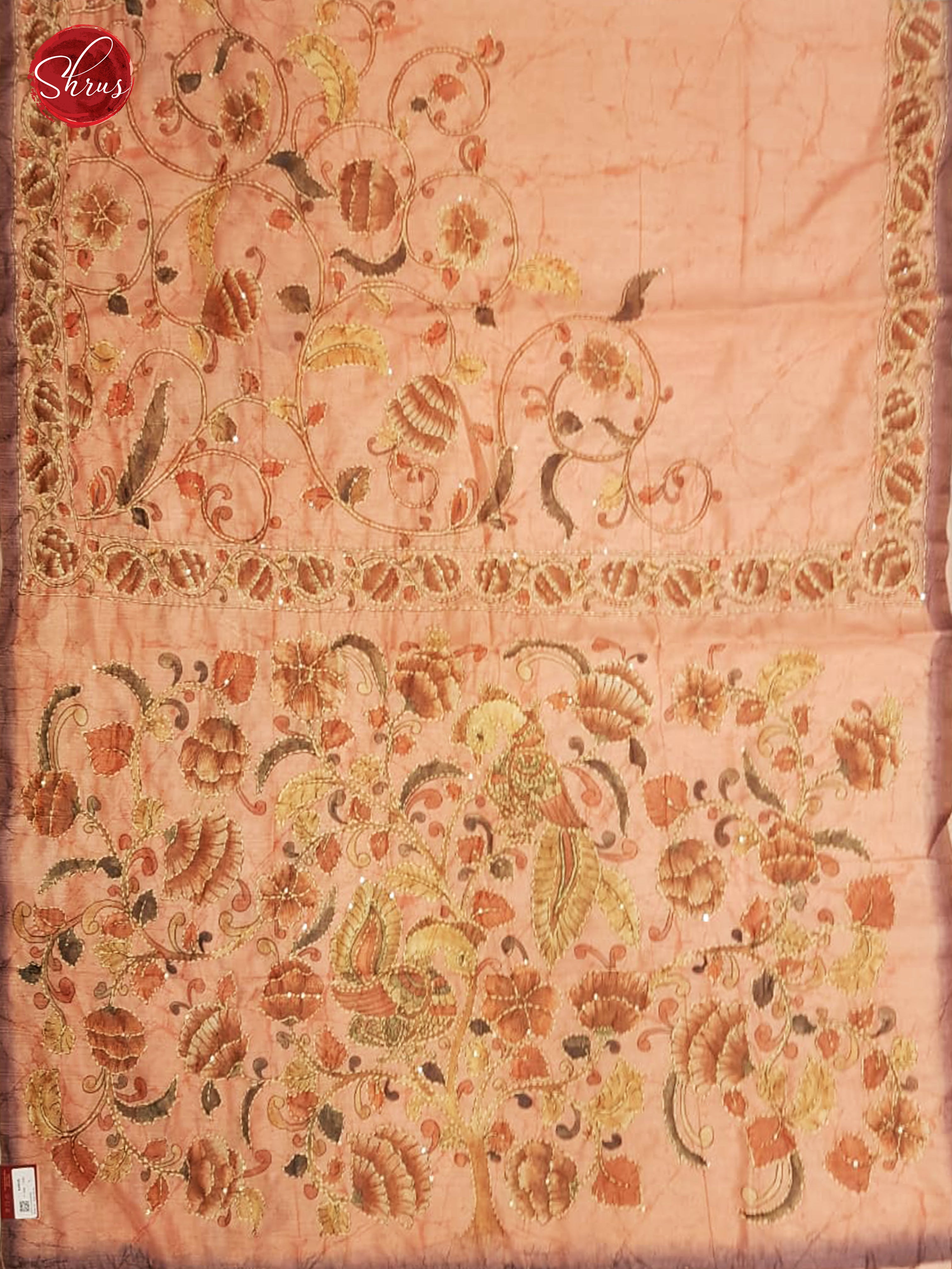 Light Pink & Brown - Semi Kantha with Kalamkari floral print & Kantha Stitch on the Body - Shop on ShrusEternity.com