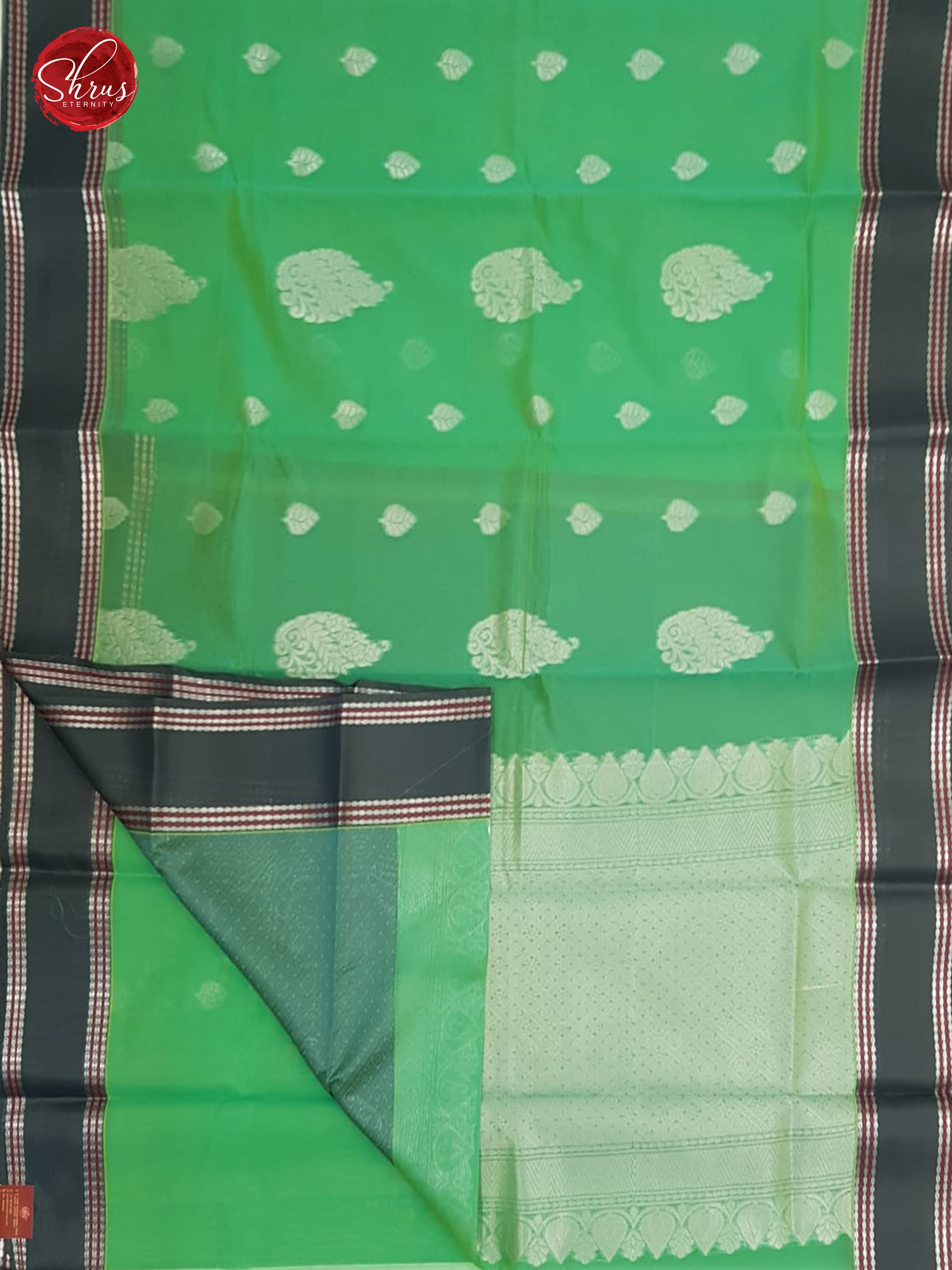 Green & Grey - Kora Cotton Silk with Border & Silver Zari - Shop on ShrusEternity.com