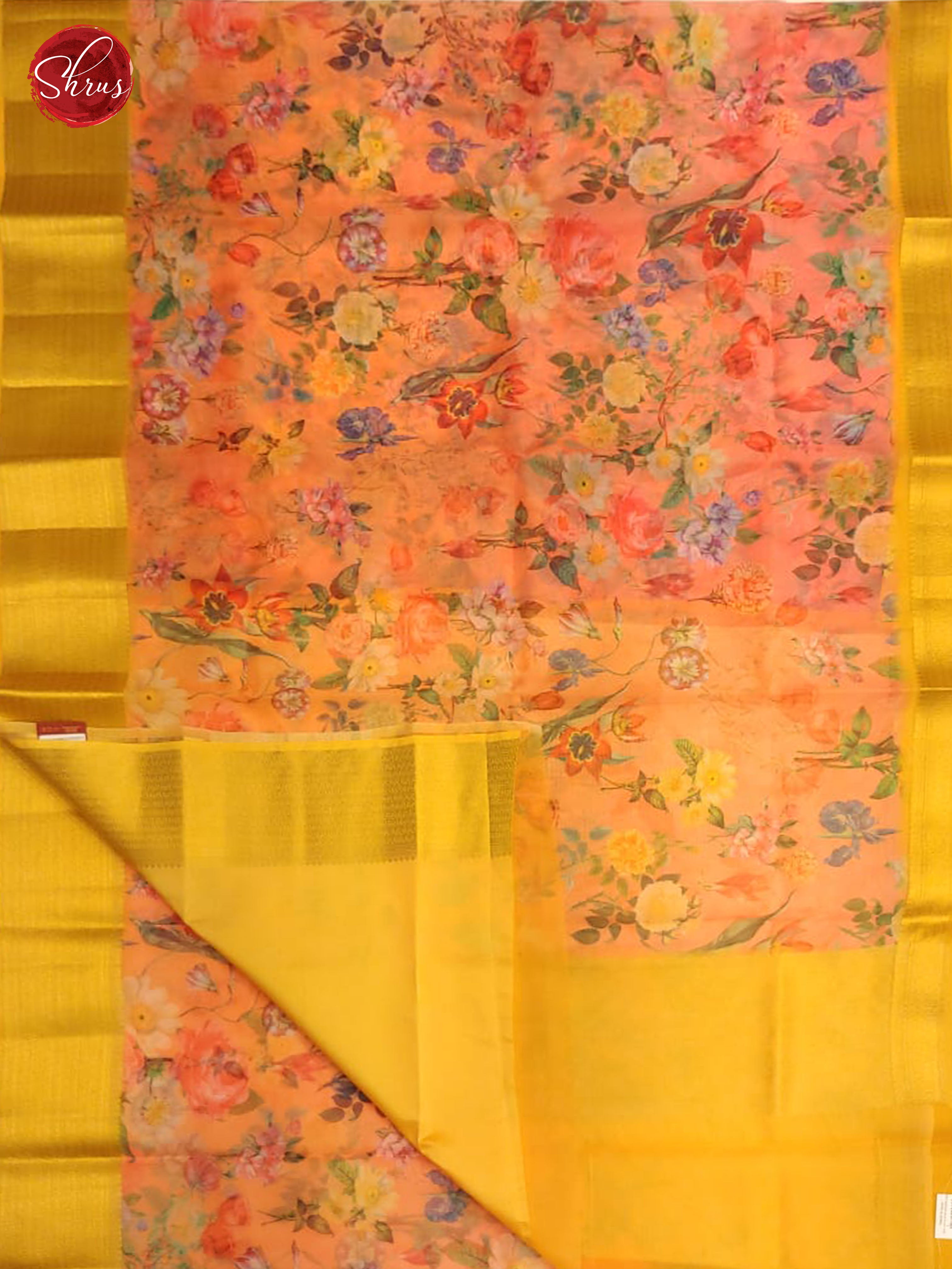 Peach & Yellow - Semi Organza with Gold Zari Border - Shop on ShrusEternity.com