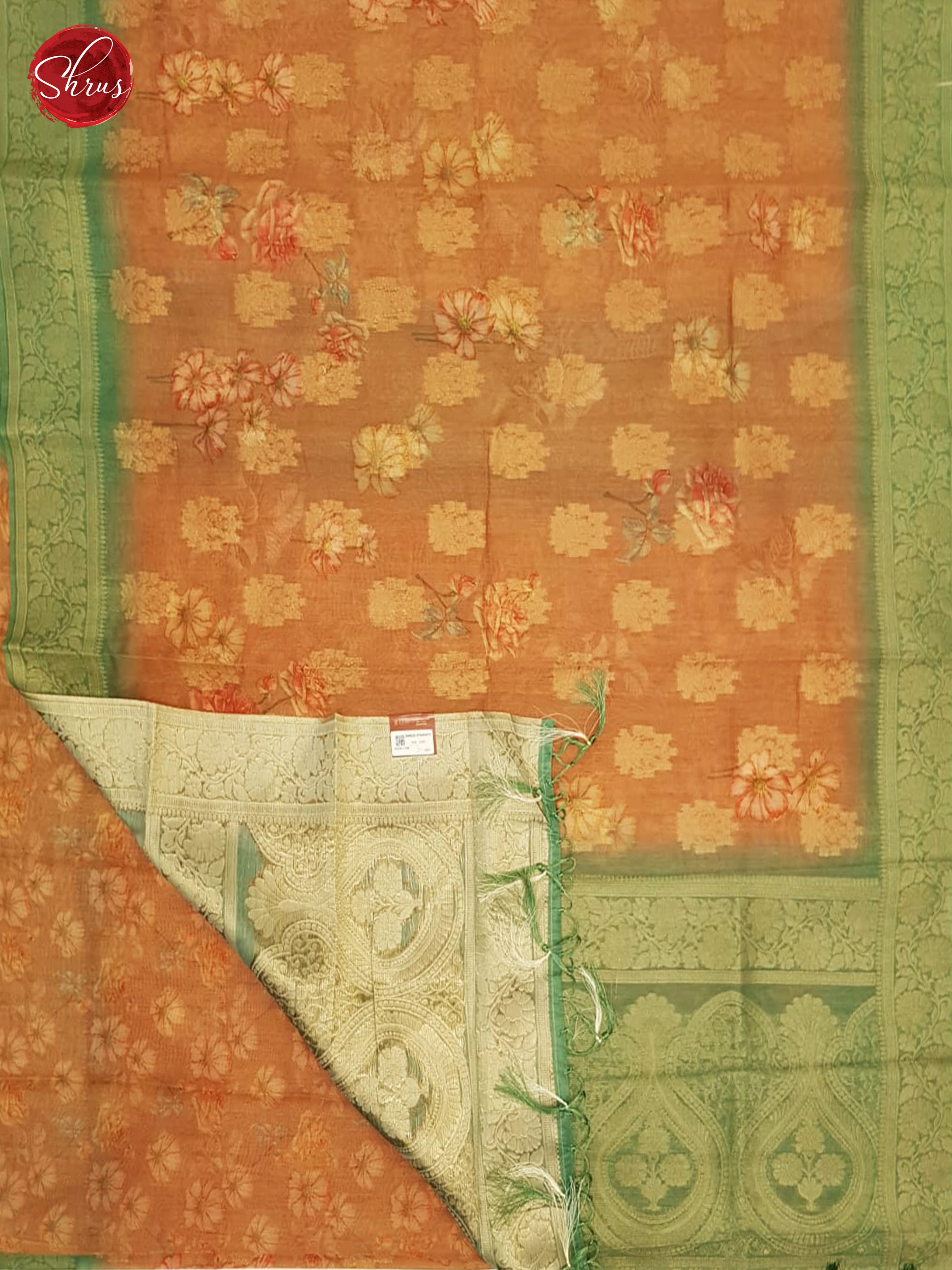 Brick Orange & Green - Cotton Silk with Gold Zari border - Shop on ShrusEternity.com