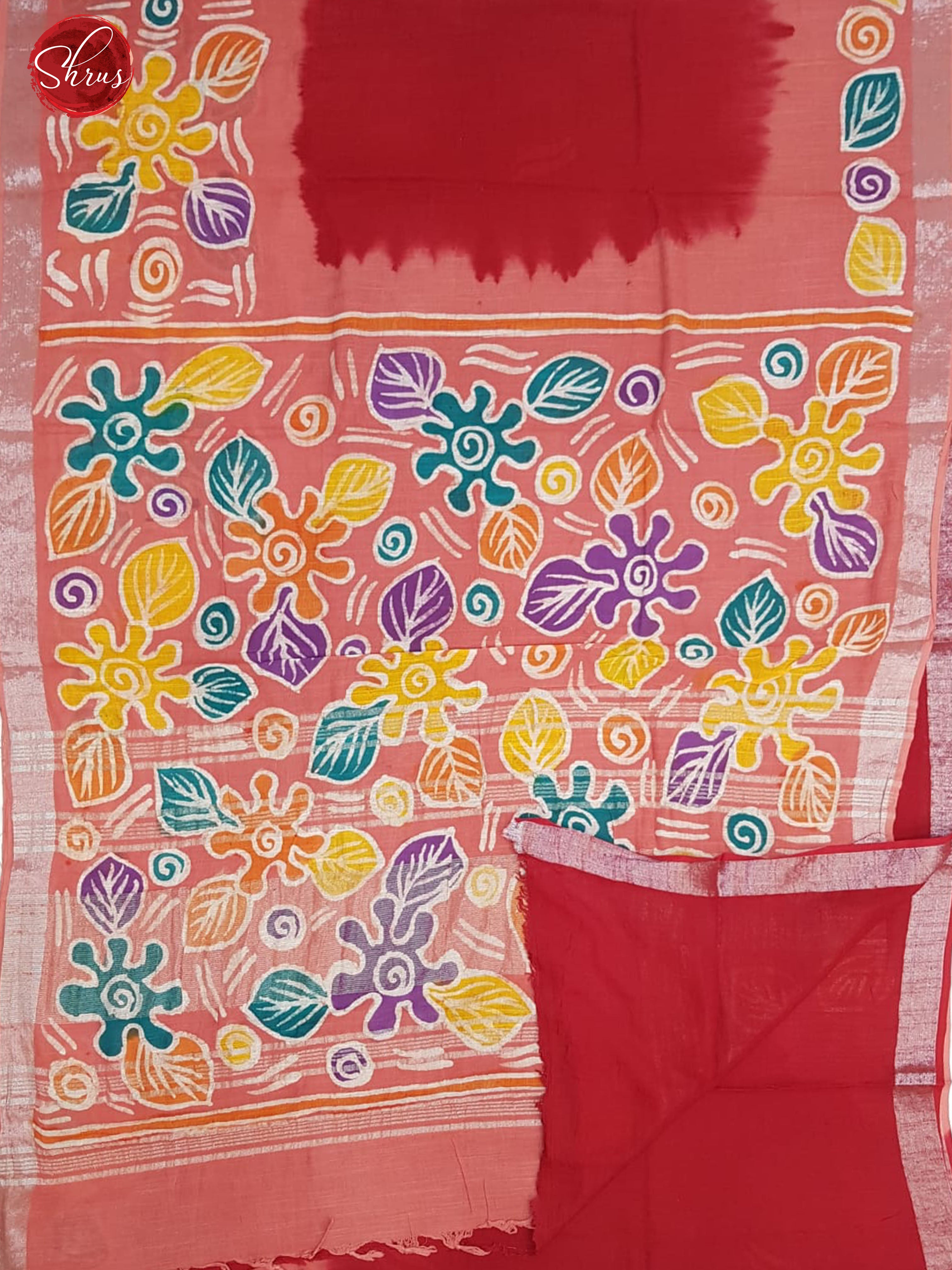 Red & Pink - Linen with Bhatik Hand Paint & Zari Border - Shop on ShrusEternity.com