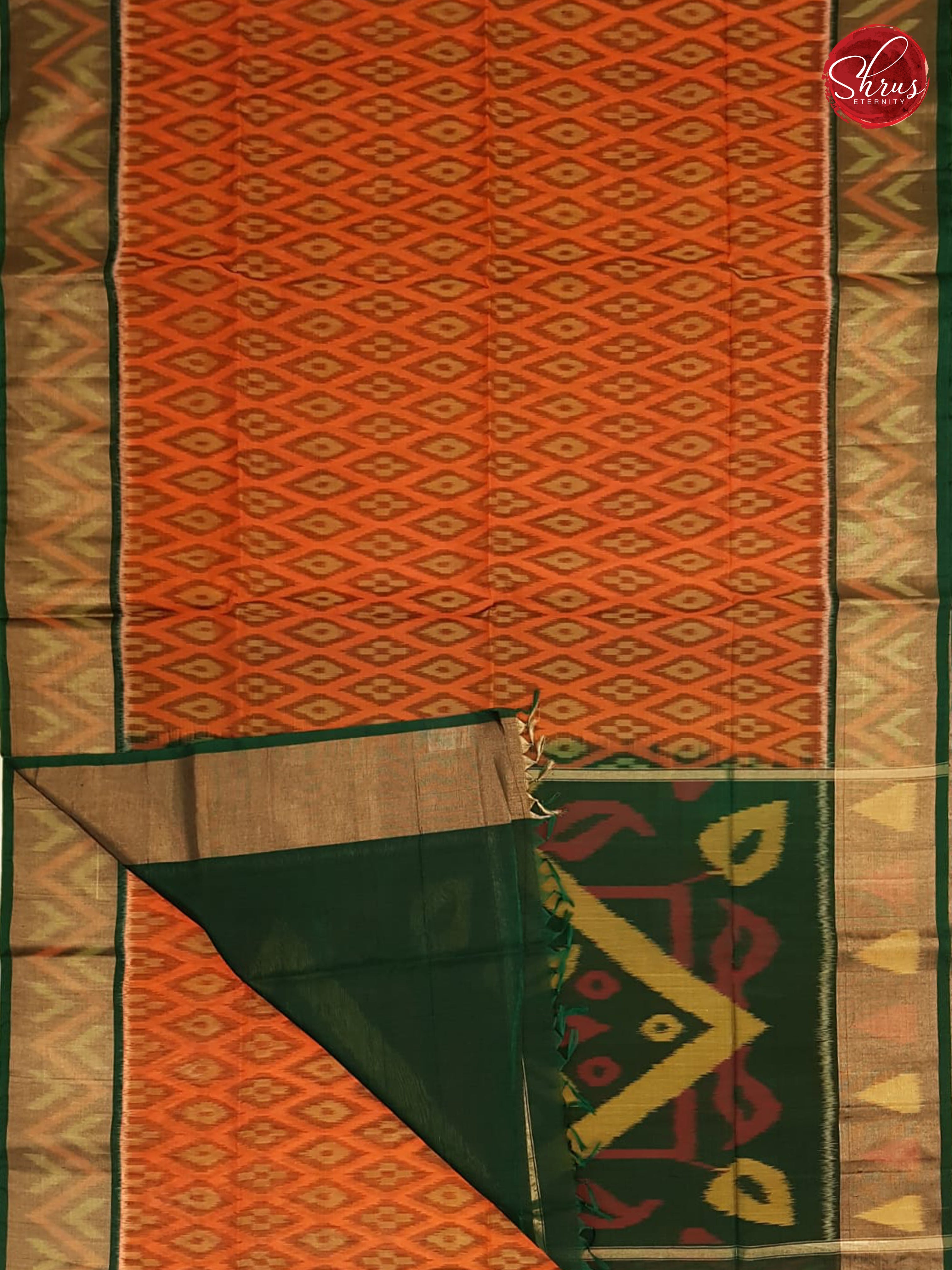 Brick Orange & Green - Pochampally Silk Cotton - Shop on ShrusEternity.com