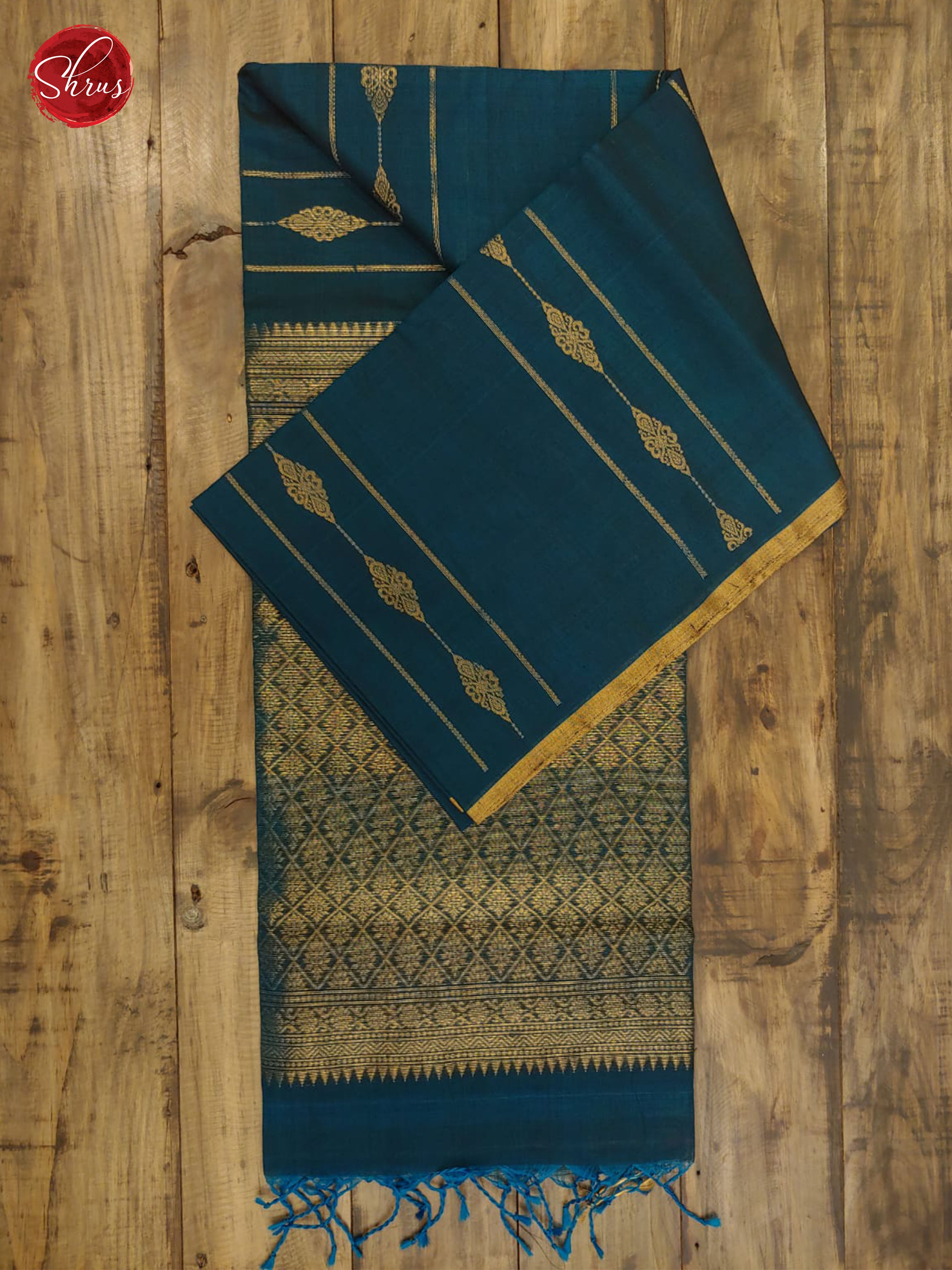 Peacock Blue (Single Tone) -Borderless Silk Cotton with Gold Zai - Shop on ShrusEternity.com