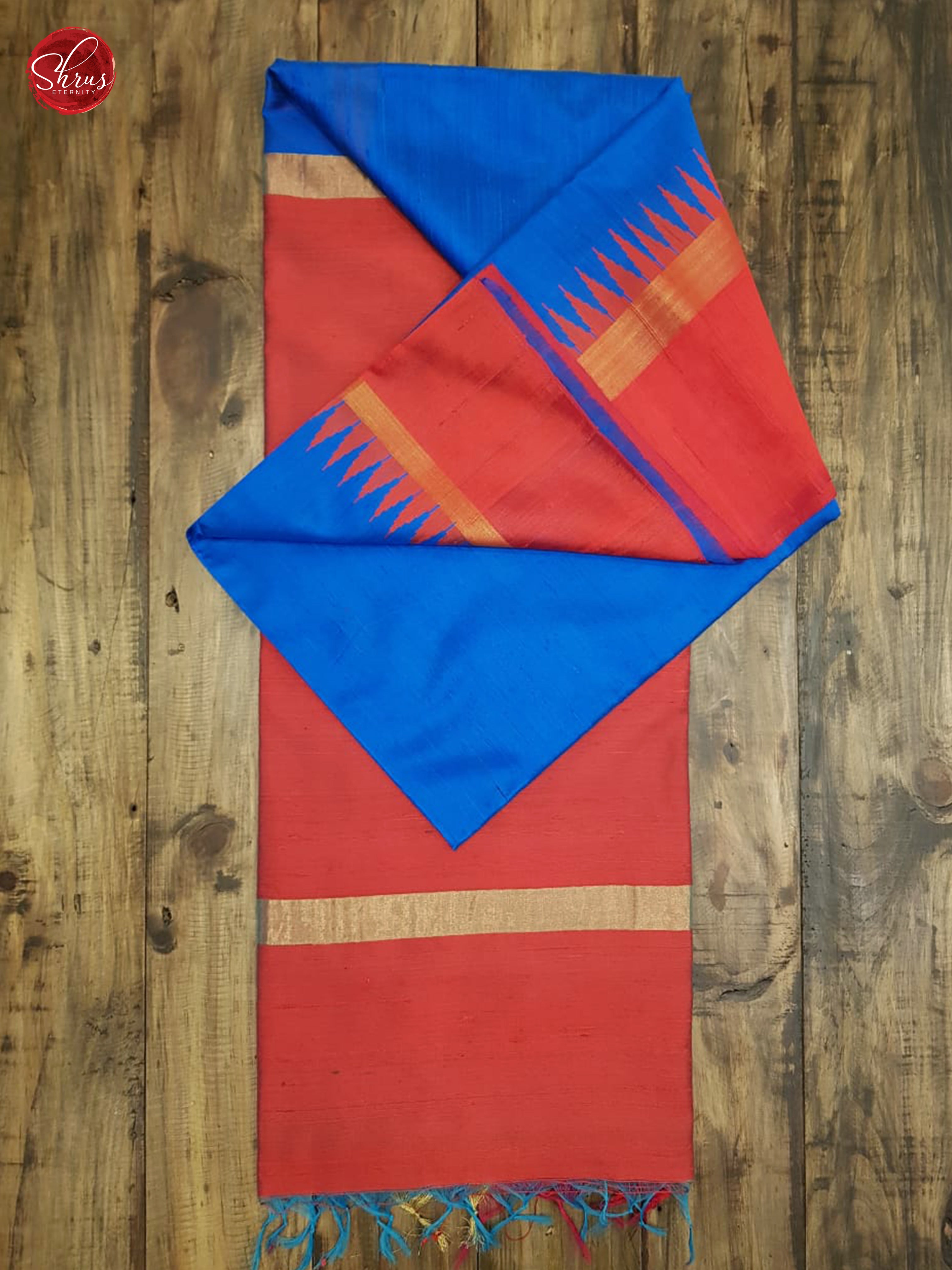 Blue & Red - Raw Silk with Border & Gold Zari - Shop on ShrusEternity.com